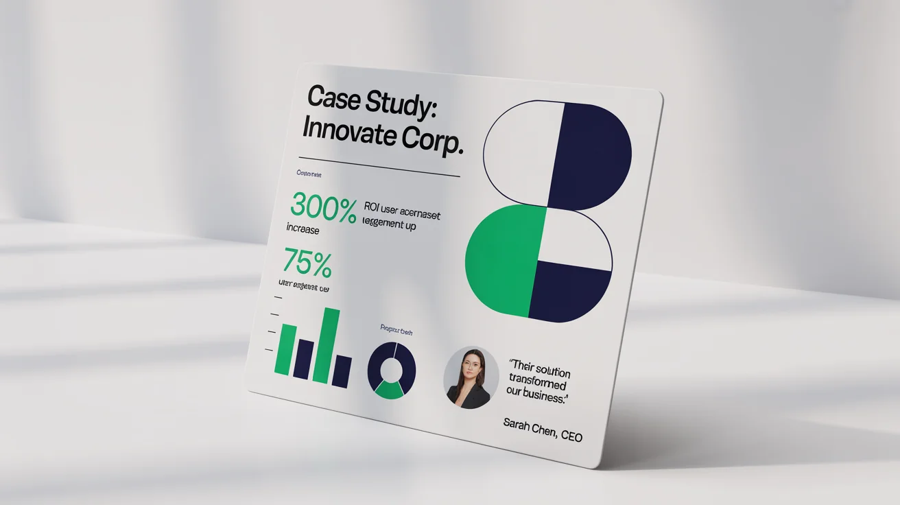 A professional case study graphic for a fictional company 'Innovate Corp.', displayed on a white background. The graphic highlights a '300% ROI Increase' with charts and includes a client testimonial.
