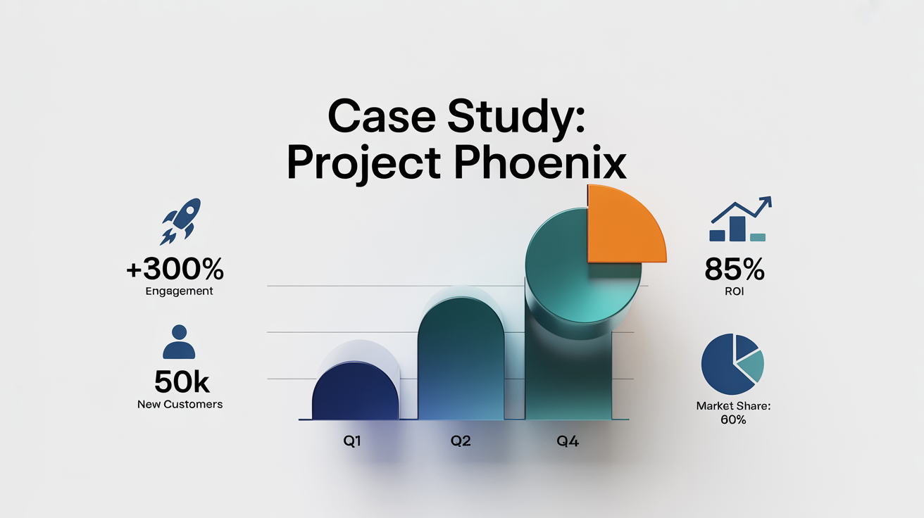 A modern case study graphic mockup for 'Project Phoenix' on a white background. It showcases positive results with icons and text for '+300% Engagement' and '50K New Customers', alongside an upward-trending bar chart and a pie chart indicating 60% market share.
