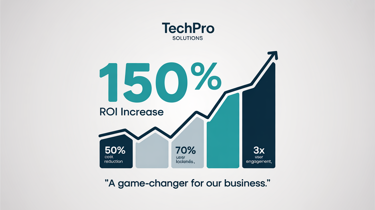 A mockup of a corporate case study graphic on a white background, highlighting a '150% ROI Increase' for 'TechPro Solutions' with charts and key metrics in a blue and teal color scheme.