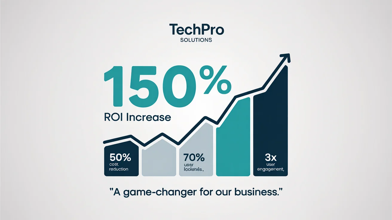 A mockup of a corporate case study graphic on a white background, highlighting a '150% ROI Increase' for 'TechPro Solutions' with charts and key metrics in a blue and teal color scheme.