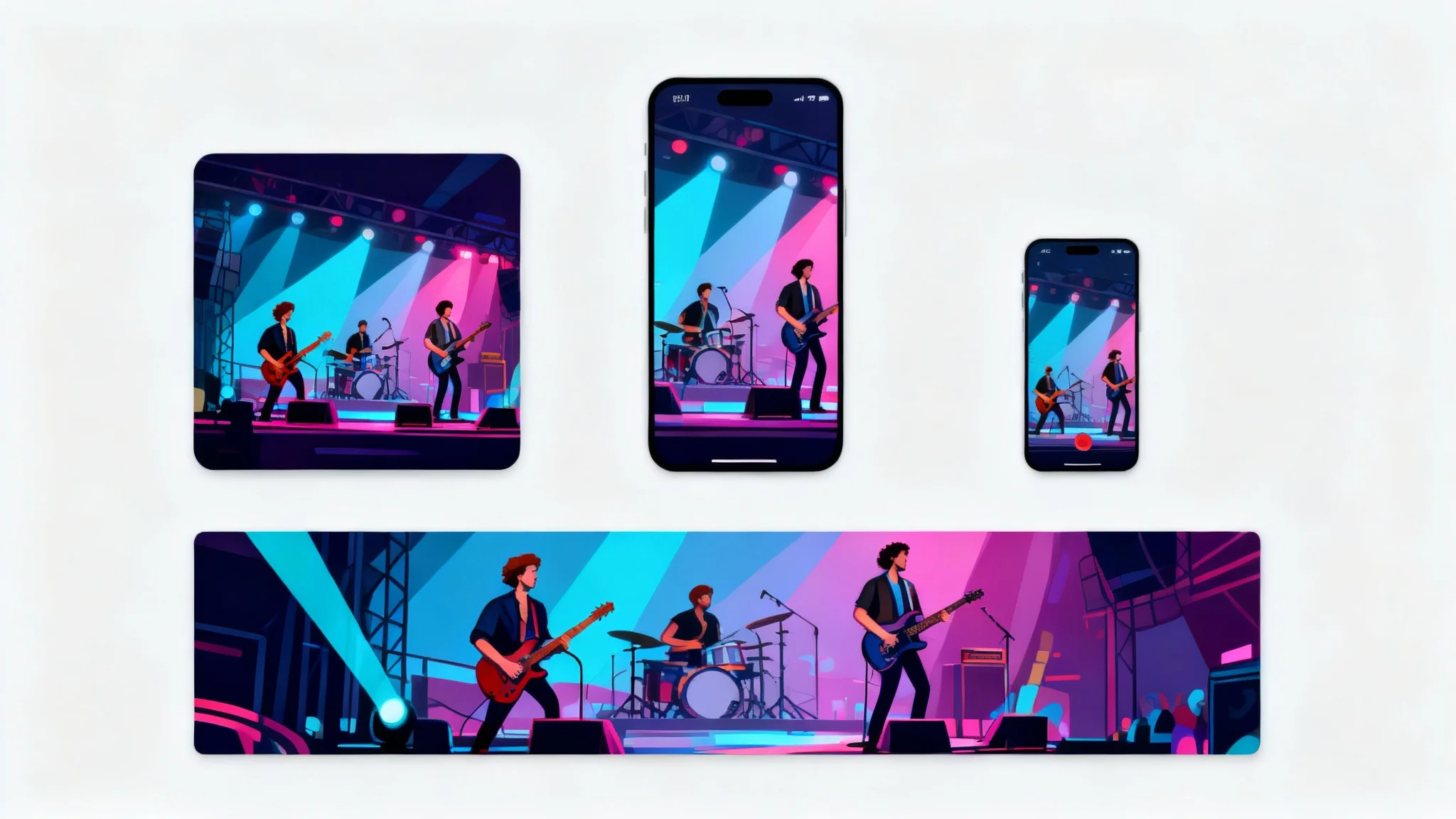 A collage showing a single album cover of a rock band performing, resized into three different formats: a square, a tall vertical rectangle, and a wide horizontal banner, all displayed on a clean background.