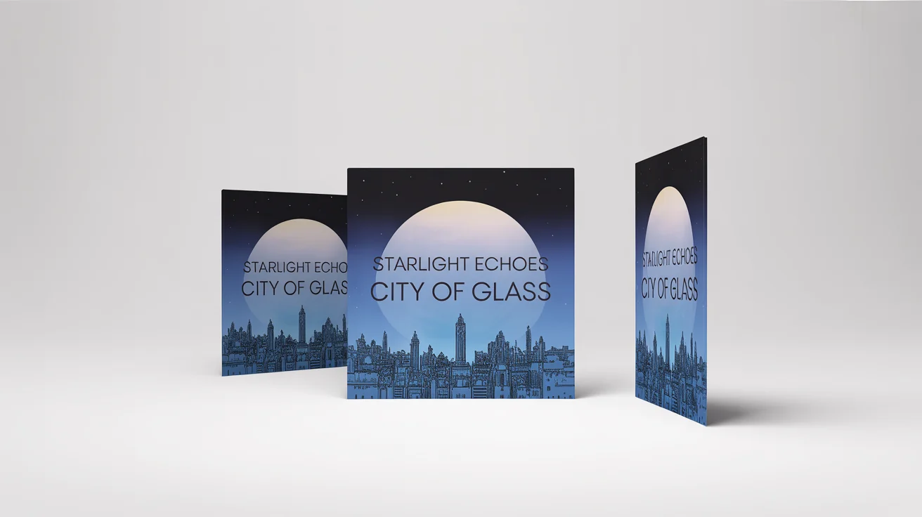A mockup demonstrating a cover art resizer, showing a central square album cover flanked by a wide banner and a tall vertical version of the same art, all on a white background.