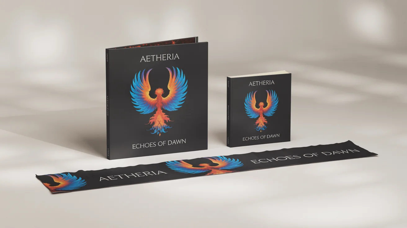 A mockup illustrating a cover art resizer, showing a single design of a fiery and icy phoenix on a square album cover, a tall book cover, and a wide banner, all arranged on a white background.