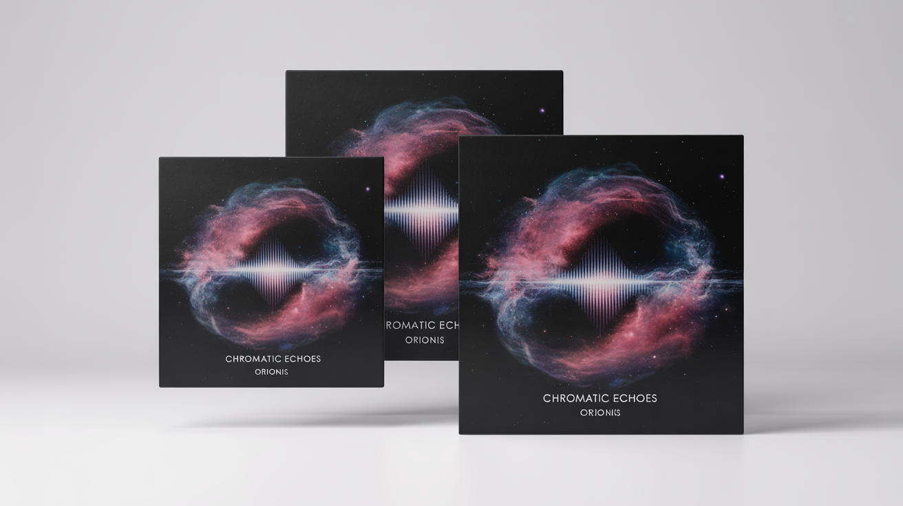 A mockup illustrating the benefit of a cover art resizer, showing the same abstract cosmic-themed album art for "Chromatic Echoes" displayed in three different sizes: a square, a tall rectangle, and a wide rectangle, all perfectly formatted against a white background.