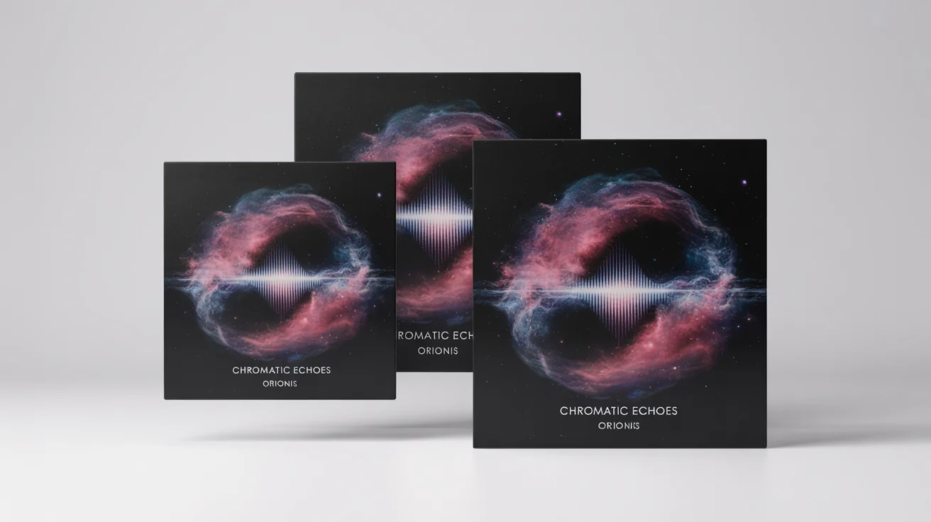 A mockup illustrating the benefit of a cover art resizer, showing the same abstract cosmic-themed album art for "Chromatic Echoes" displayed in three different sizes: a square, a tall rectangle, and a wide rectangle, all perfectly formatted against a white background.