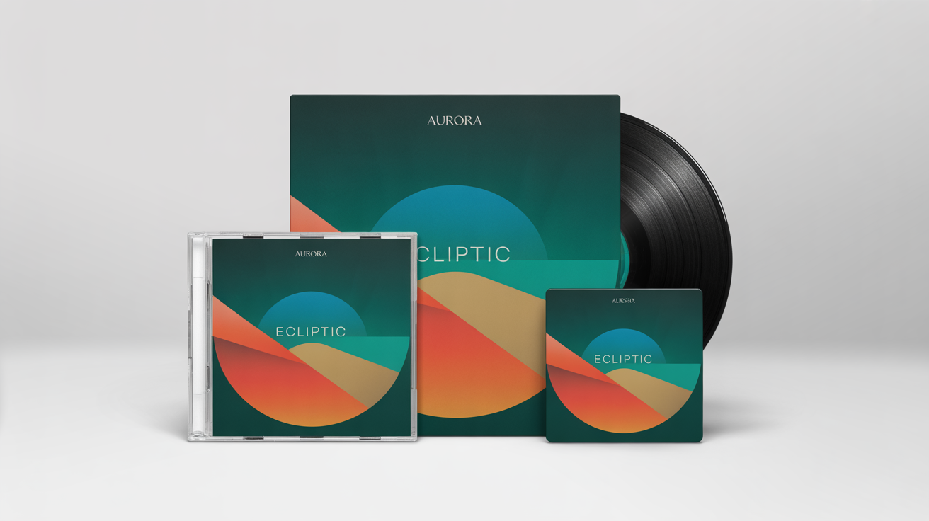 A mockup demonstrating a cover art resizer, showing the same geometric album cover art for an artist named 'AURORA' displayed in three sizes: a large vinyl record, a CD case, and a small digital icon.