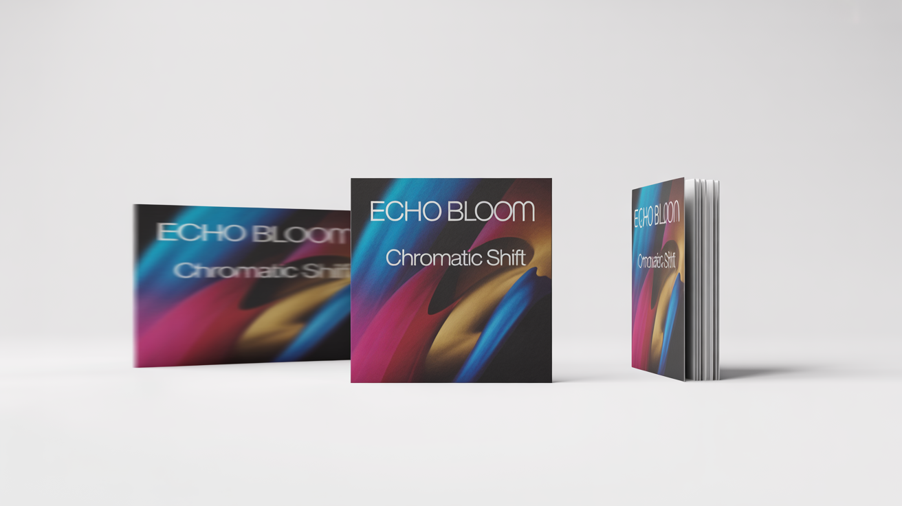 A mockup demonstrating a cover art resizer, showing a single album cover for the fictional band 'Echo Bloom' in three different sizes: a square, a wide banner, and a tall rectangle, all displayed on a white background.