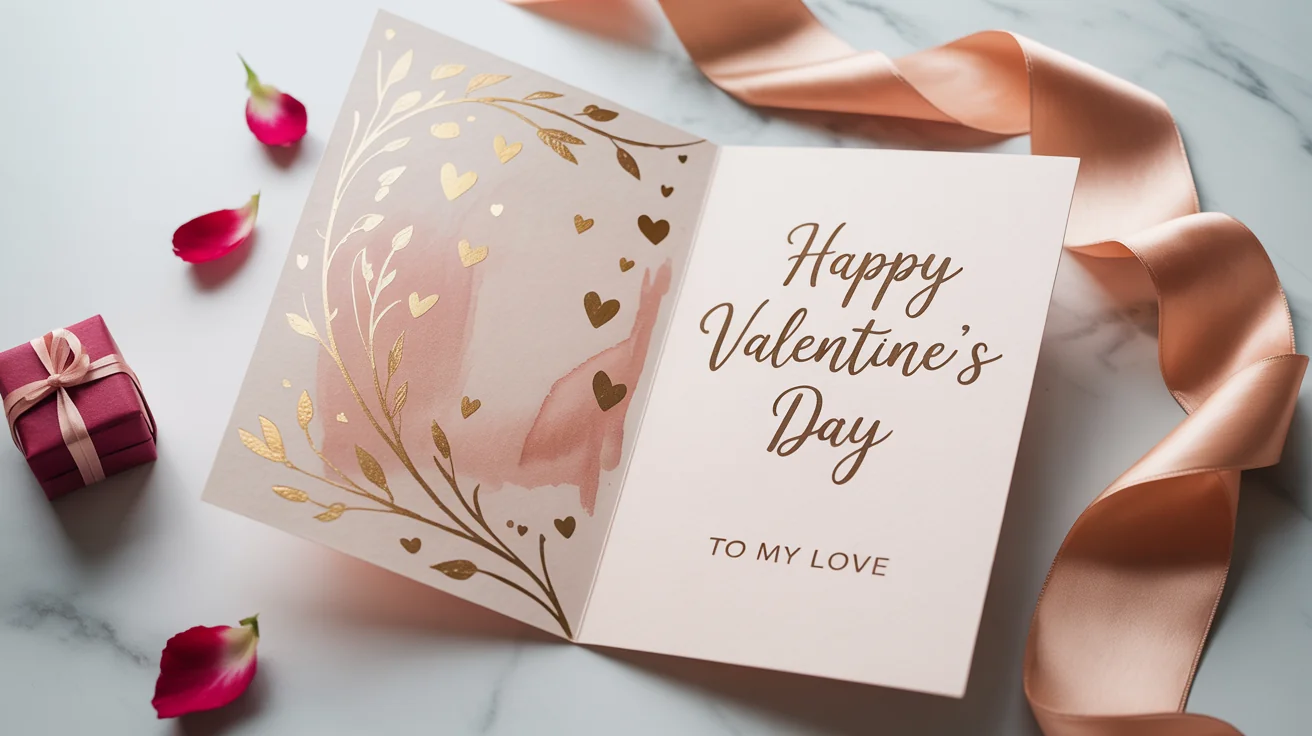 A finished, beautifully designed Valentine's Day card that reads 'Happy Valentine's Day, To My Love', shown in a flat lay with rose petals and a gift box.