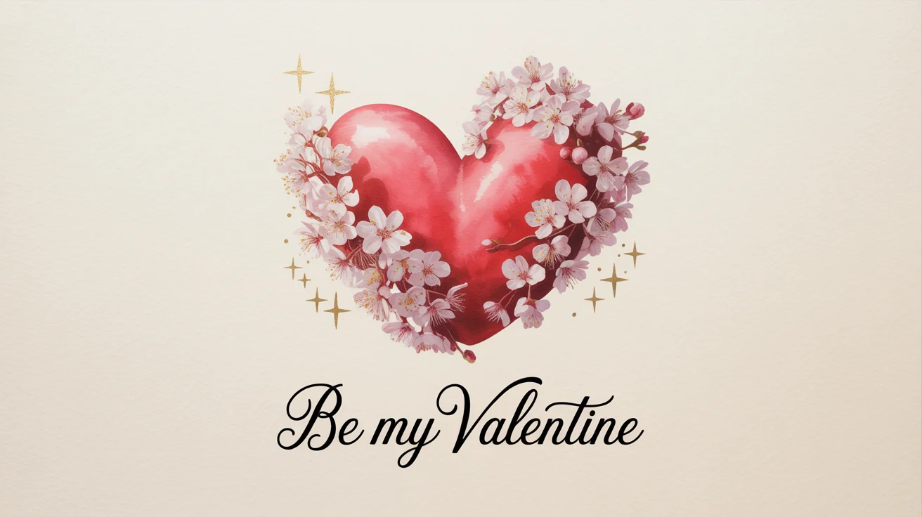 A beautiful Valentine's Day card mockup featuring a watercolor heart made of flowers and the words 'Be My Valentine' in elegant script, set against a plain white background.