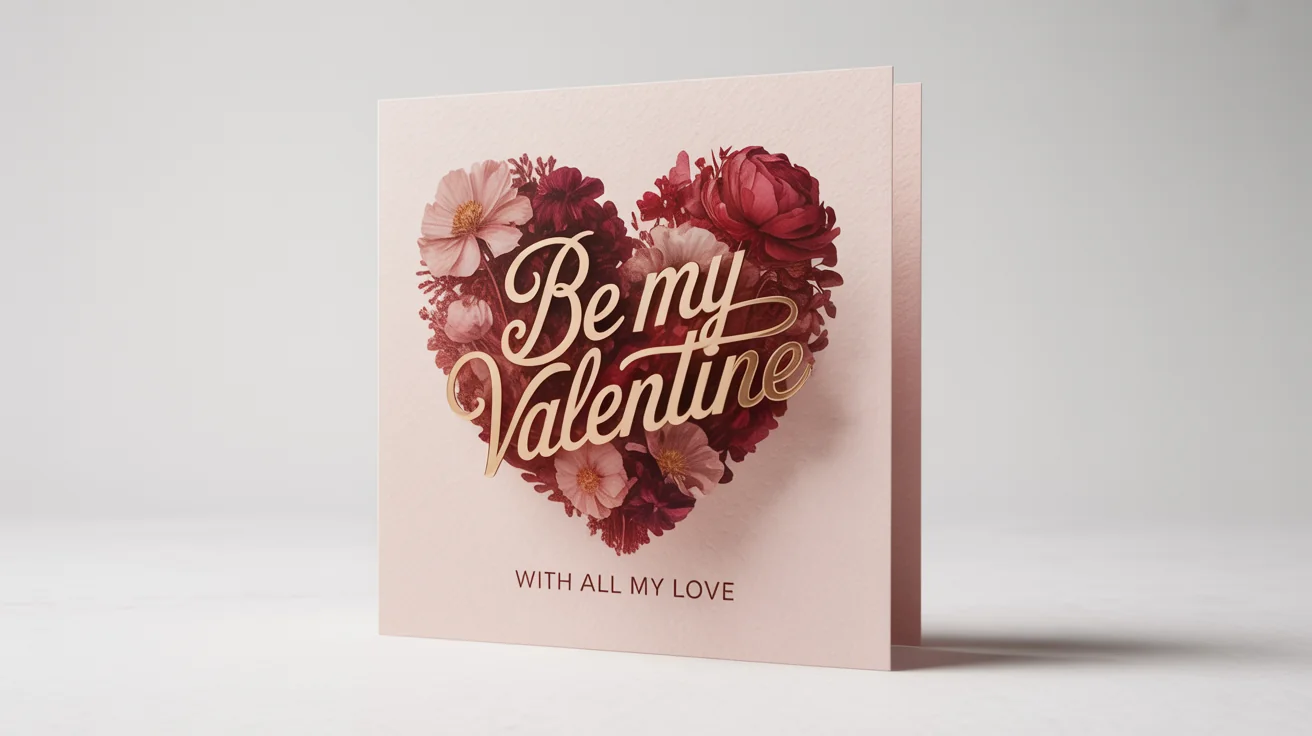 An elegant Valentine's Day card with a watercolor floral heart design and the words 'Be My Valentine' in gold script, displayed on a clean white background.