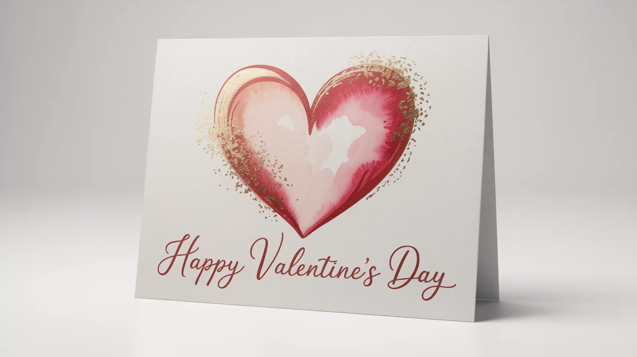 A photorealistic mockup of an elegant Valentine's Day card with a watercolor heart design and the text 'Happy Valentine's Day', set against a clean white background.