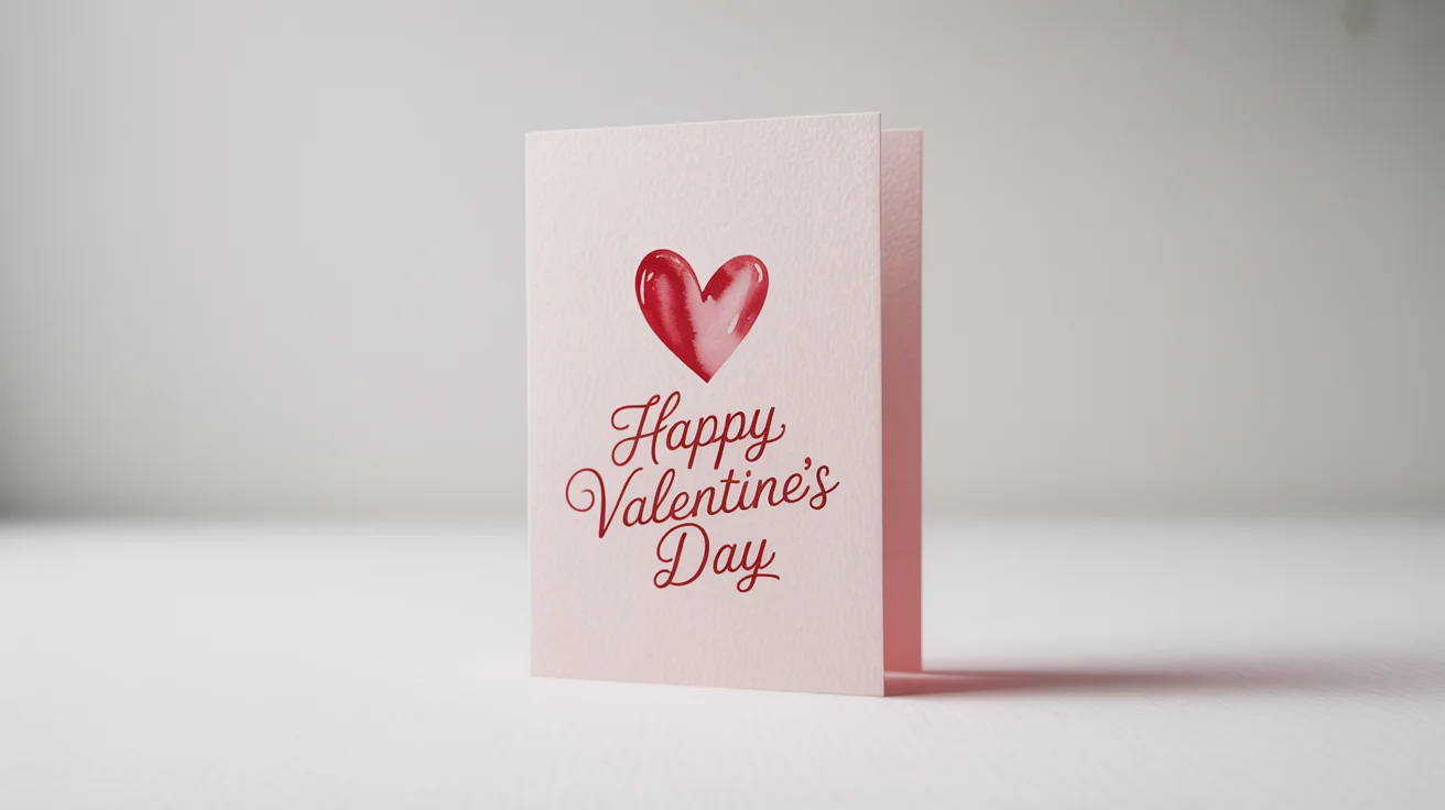 A professional mockup of an elegant Valentine's Day card with a watercolor red heart and 'Happy Valentine's Day' text, set against a clean white background.