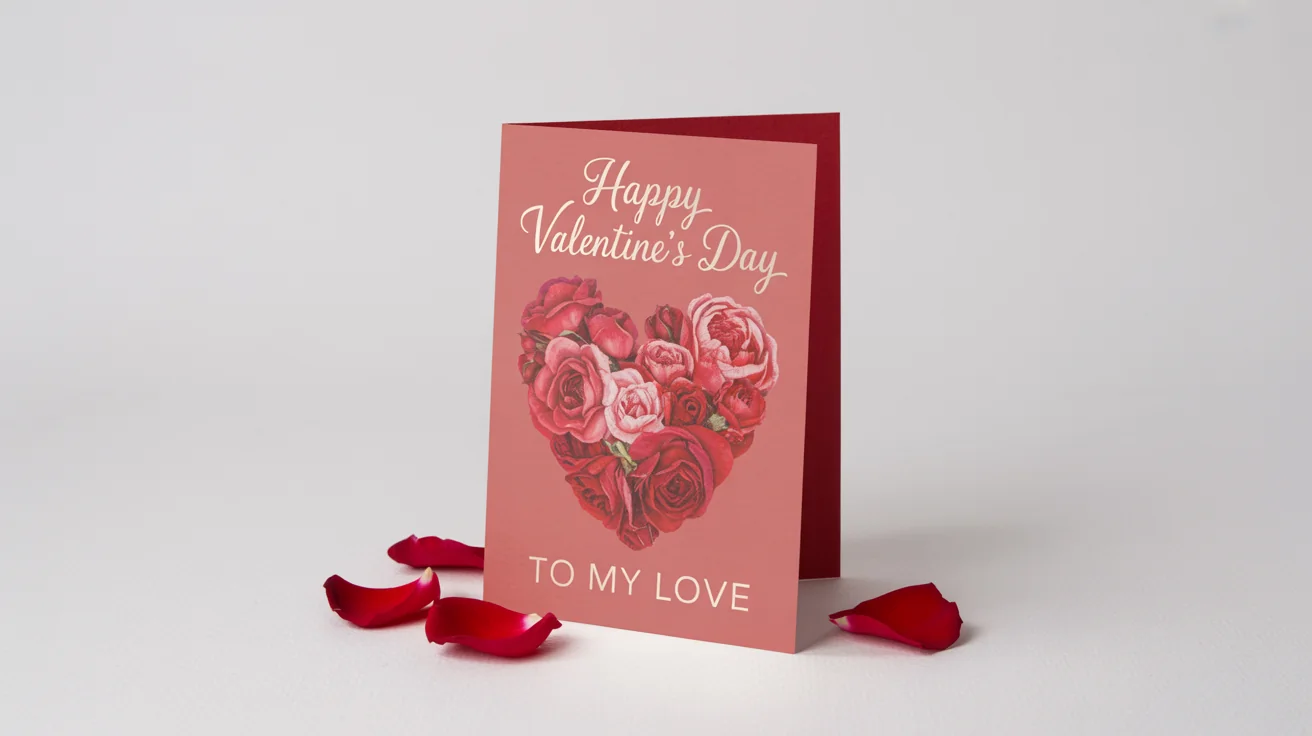 A beautiful mockup of a Valentine's Day card with a watercolor rose heart and gold foil text saying 'Happy Valentine's Day' on a clean white background.
