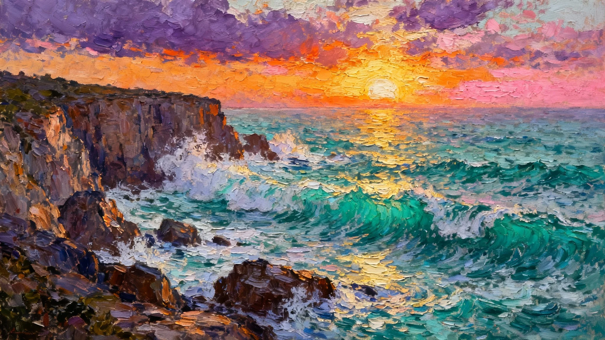 A vibrant and expressive oil painting of a dramatic coastline at sunset, with colorful skies and crashing waves, showcasing a fine art style.