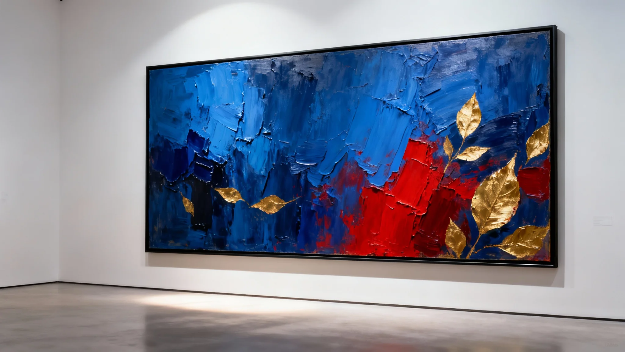 A close-up photograph of a vibrant abstract oil painting in a simple black frame, hanging on a pure white gallery wall.