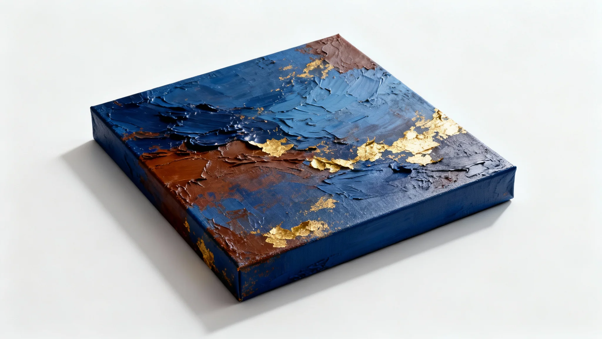A photorealistic mockup of a square abstract oil painting with thick, textured brushstrokes in blue, sienna, and gold, displayed against a stark white background to emphasize its quality as fine art.