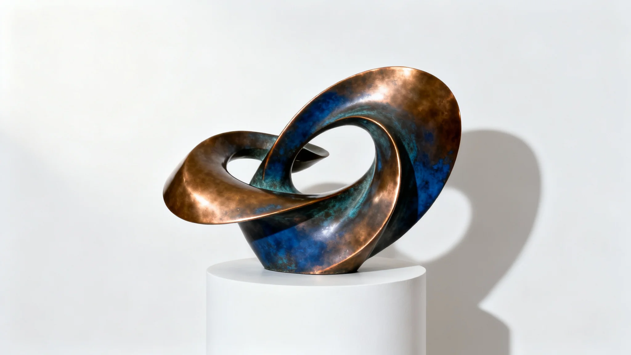 A modern abstract sculpture made of polished bronze and blue patinated copper, displayed on a white pedestal against a stark white background.