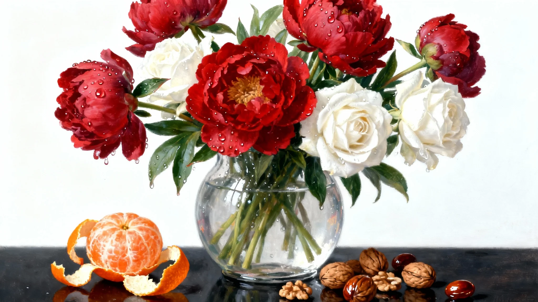 An exquisite oil painting of a still life, featuring a glass vase with red and white flowers, a peeled clementine, and walnuts, set against a clean white background.