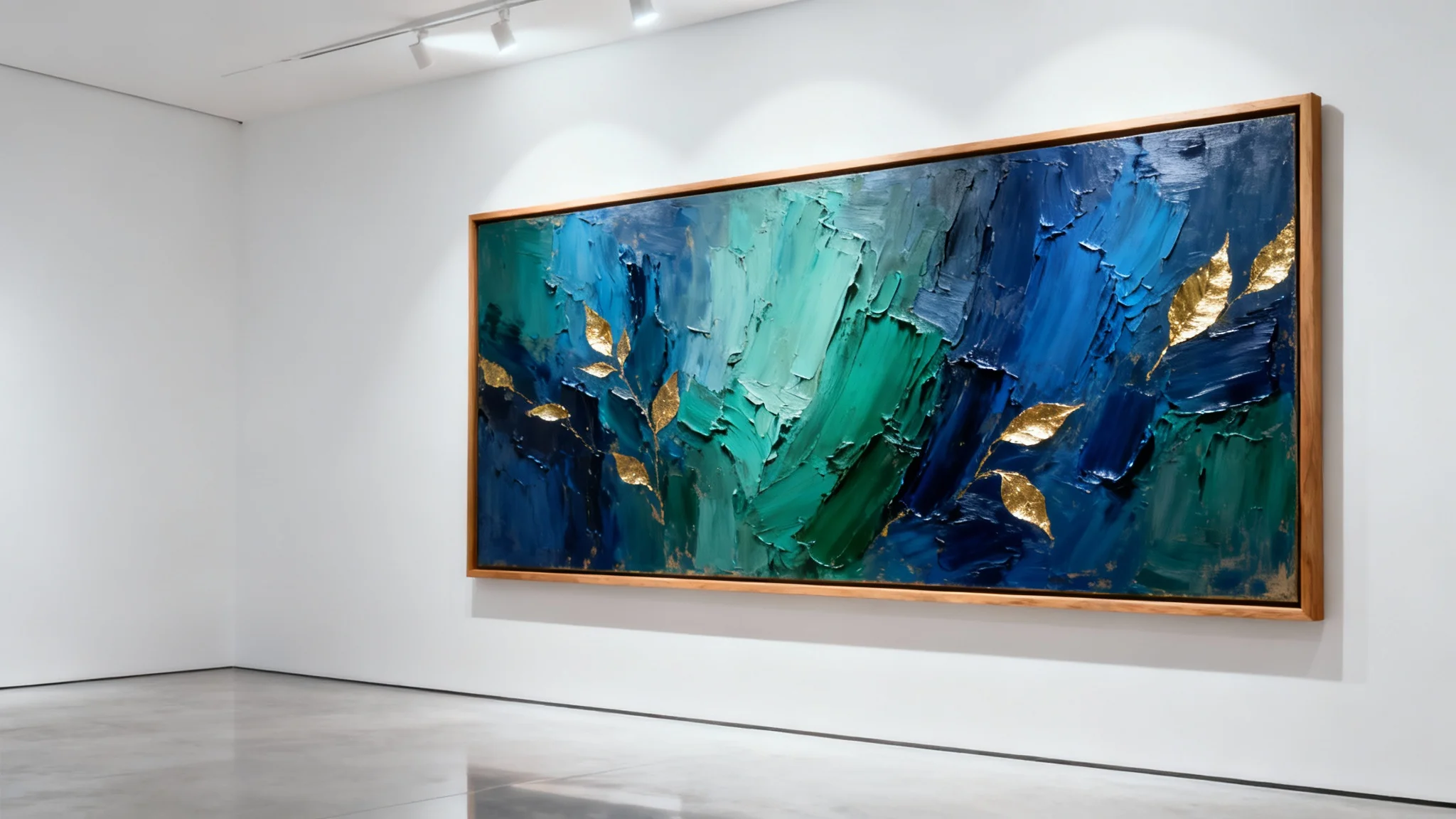 A close-up, angled shot of a large abstract oil painting with blue, green, and gold textured strokes, framed in light wood and hanging on a white gallery wall.