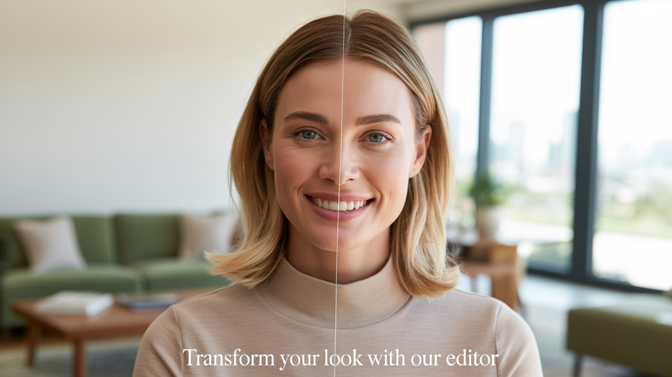 A split-screen image demonstrating a photo editor. The 'before' side on the left shows a woman with a natural look. The 'after' side on the right shows the same woman retouched to be slimmer and have enhanced facial features. A text overlay reads 'Transform your look with our editor'.