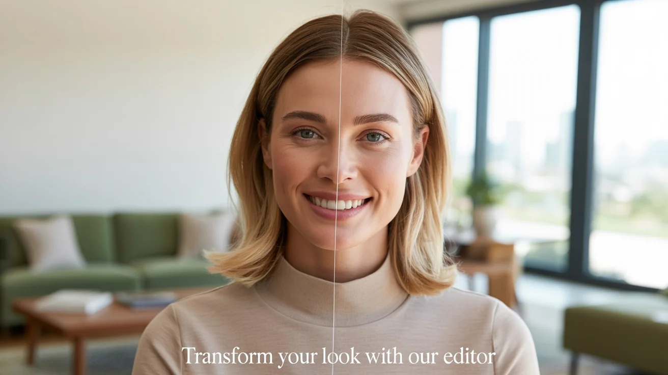 A split-screen image demonstrating a photo editor. The 'before' side on the left shows a woman with a natural look. The 'after' side on the right shows the same woman retouched to be slimmer and have enhanced facial features. A text overlay reads 'Transform your look with our editor'.