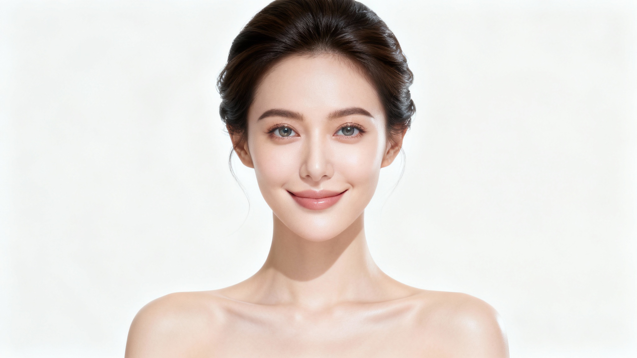 An ultra-realistic studio portrait of a woman with perfectly smooth skin and symmetrical features, showcasing the results of a face and body editor.