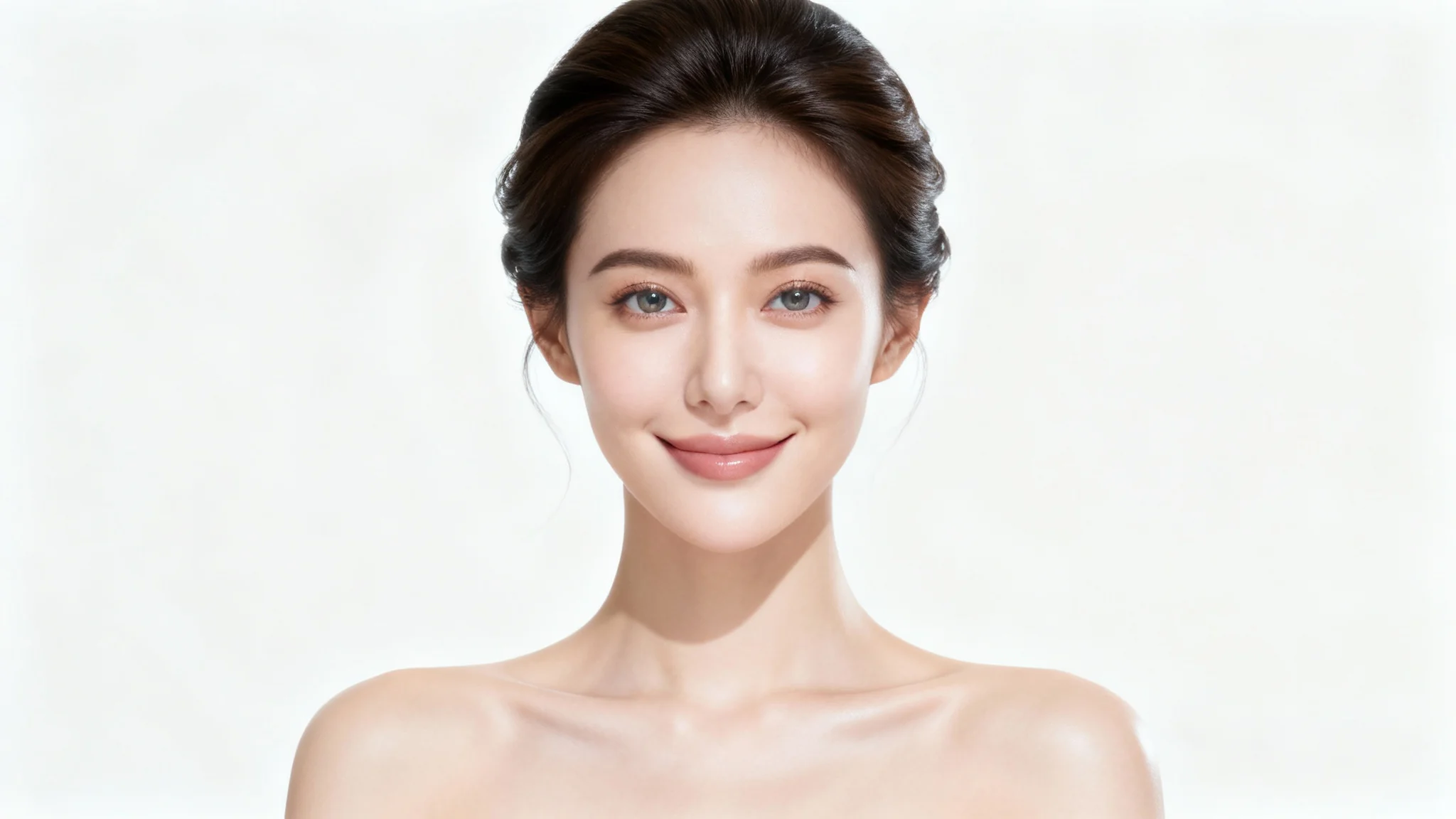 An ultra-realistic studio portrait of a woman with perfectly smooth skin and symmetrical features, showcasing the results of a face and body editor.