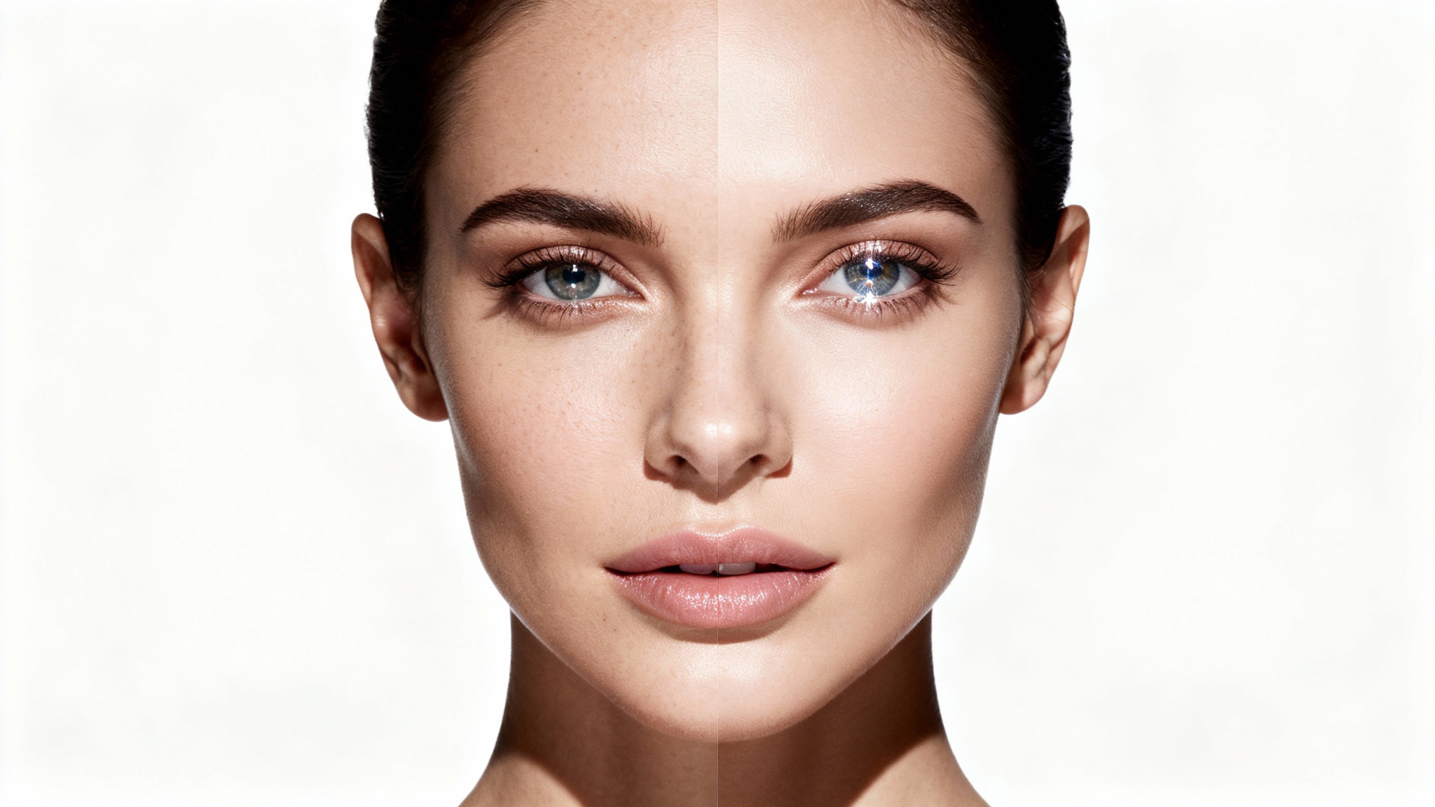 A split-screen image demonstrating photo editing. The left side shows a woman's natural portrait, and the right side shows the same portrait professionally retouched with smoother skin and enhanced features, against a white background.