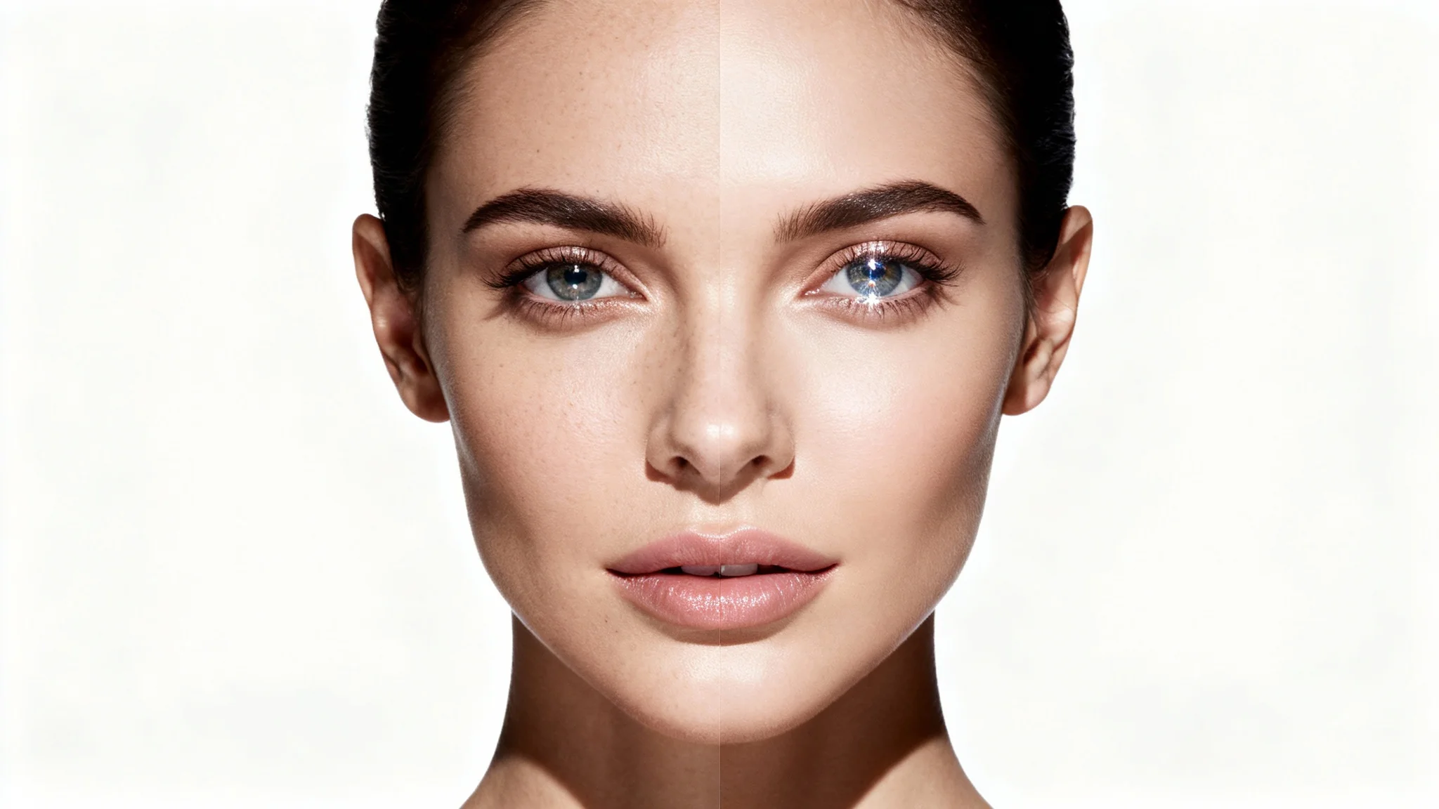 A split-screen image demonstrating photo editing. The left side shows a woman's natural portrait, and the right side shows the same portrait professionally retouched with smoother skin and enhanced features, against a white background.