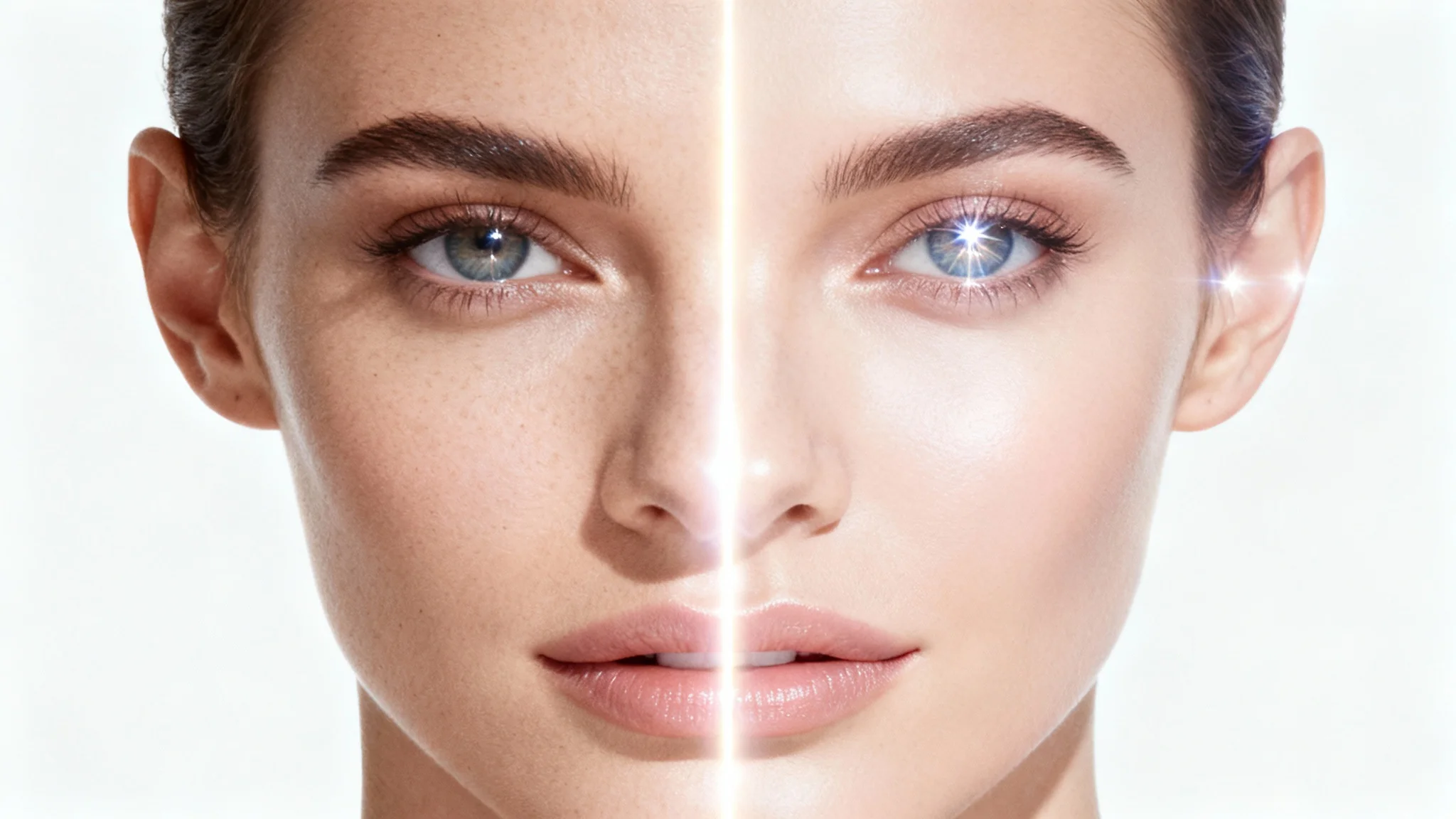 A before-and-after style portrait demonstrating a face editor. One half of the face shows natural skin, while the other half is digitally retouched to be perfectly smooth and flawless, against a white background.