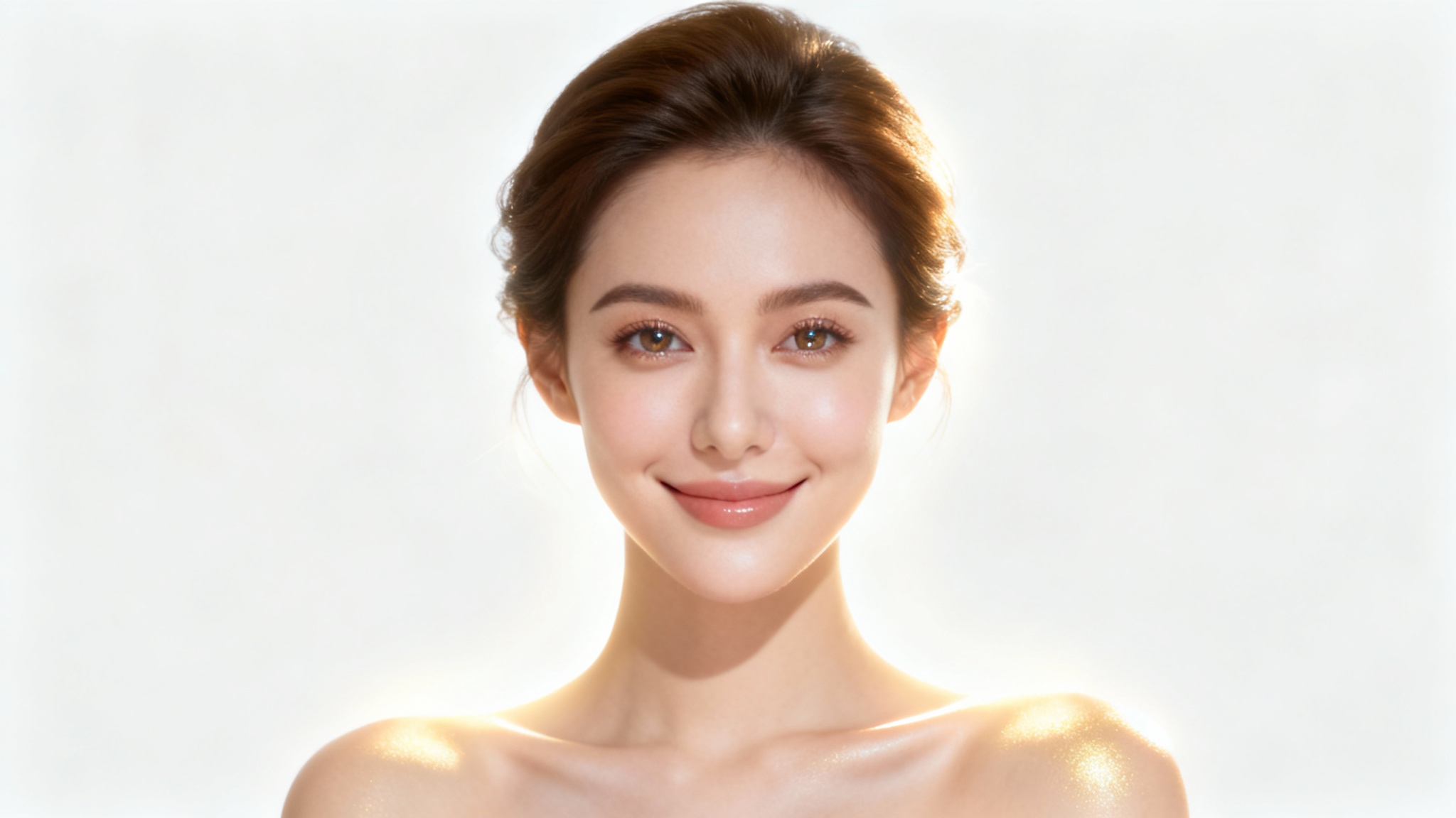 A high-fashion studio portrait of a person with flawless skin and a confident smile, set against a clean white background, demonstrating a perfectly edited image.