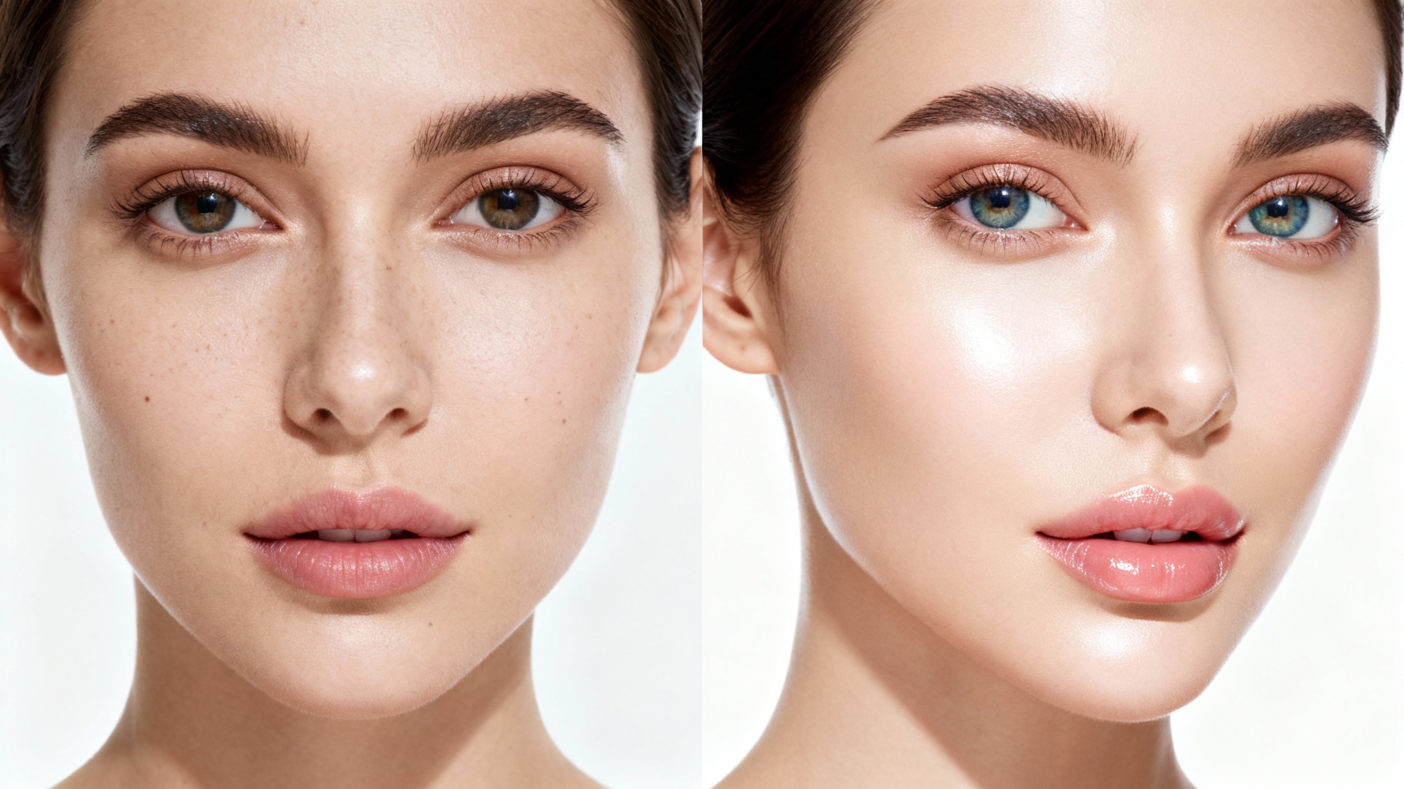 A close-up portrait of a woman's face split into two halves. The left side shows her natural, unedited skin, while the right side shows a digitally enhanced version with smooth skin and brighter features.