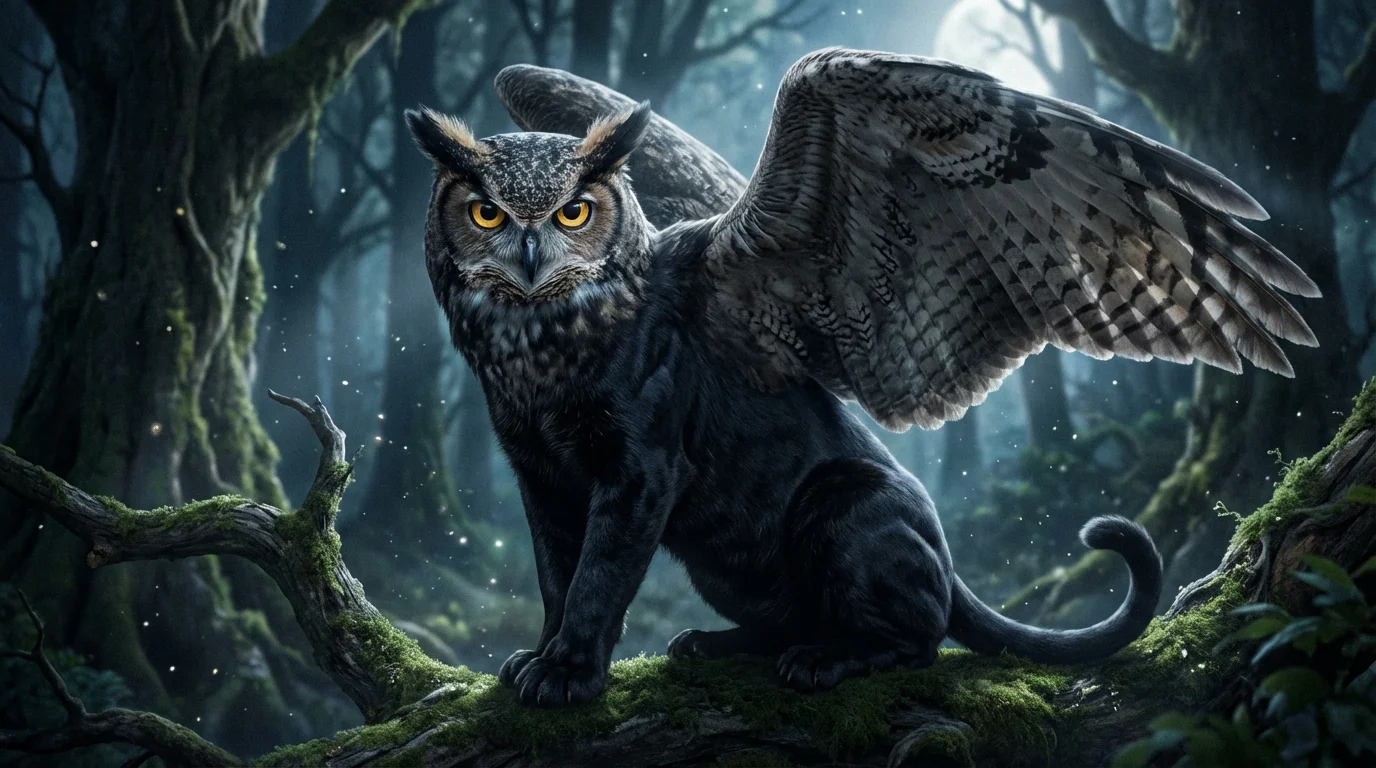 A hyper-realistic hero image showing the final result of a cat-owl hybrid creation: a majestic creature with a cat's body and an owl's head and wings, perched on a branch in a dramatic, moonlit forest.