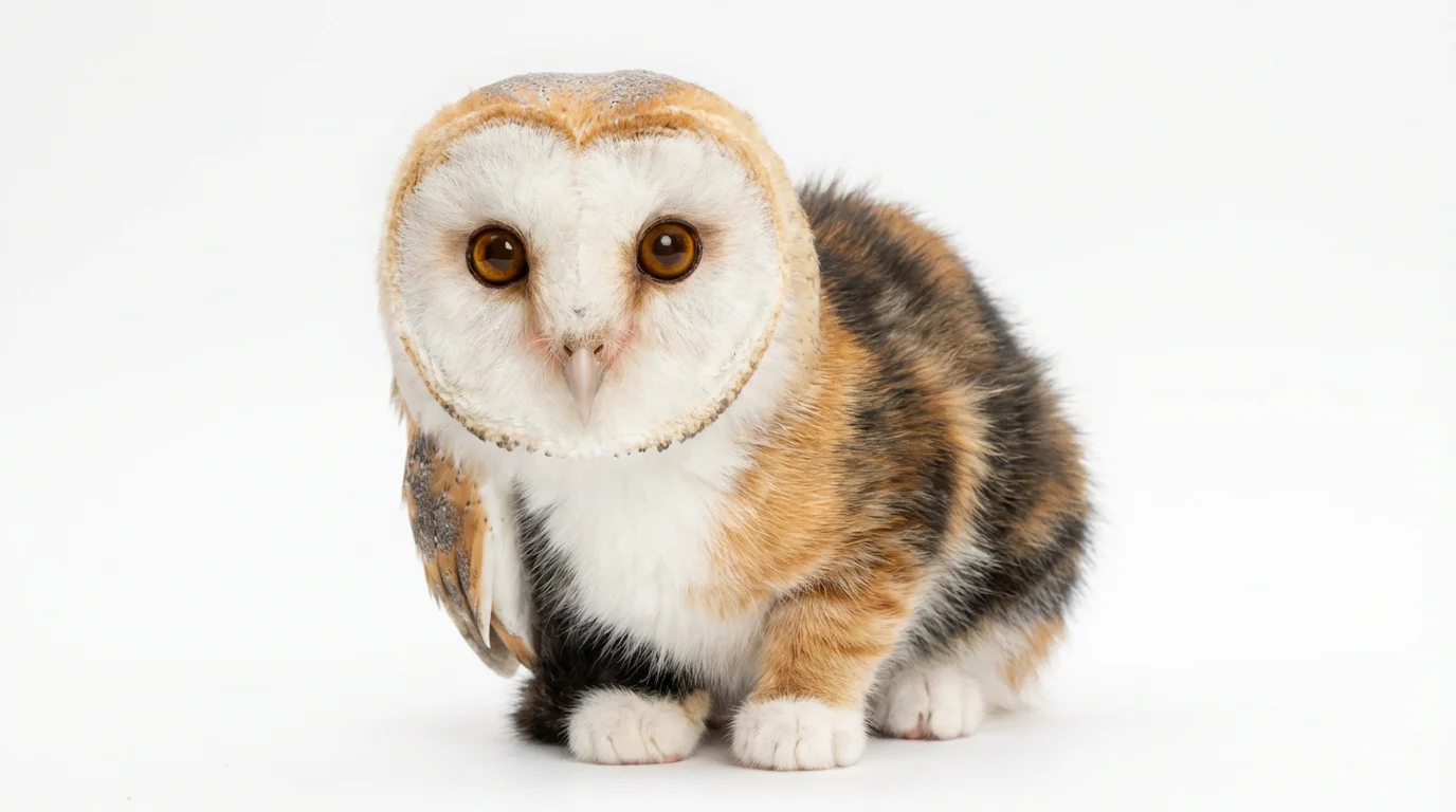 A photorealistic image of a fantastical hybrid creature, a small kitten with the head and wings of an owl, sitting against a plain white background.