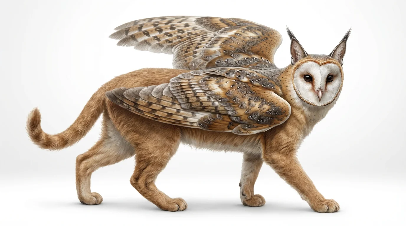 A photorealistic depiction of a mythical creature that is a hybrid of a cat and an owl, standing against a white background. The creature has the body and paws of a cat and the head, wings, and feathers of an owl.
