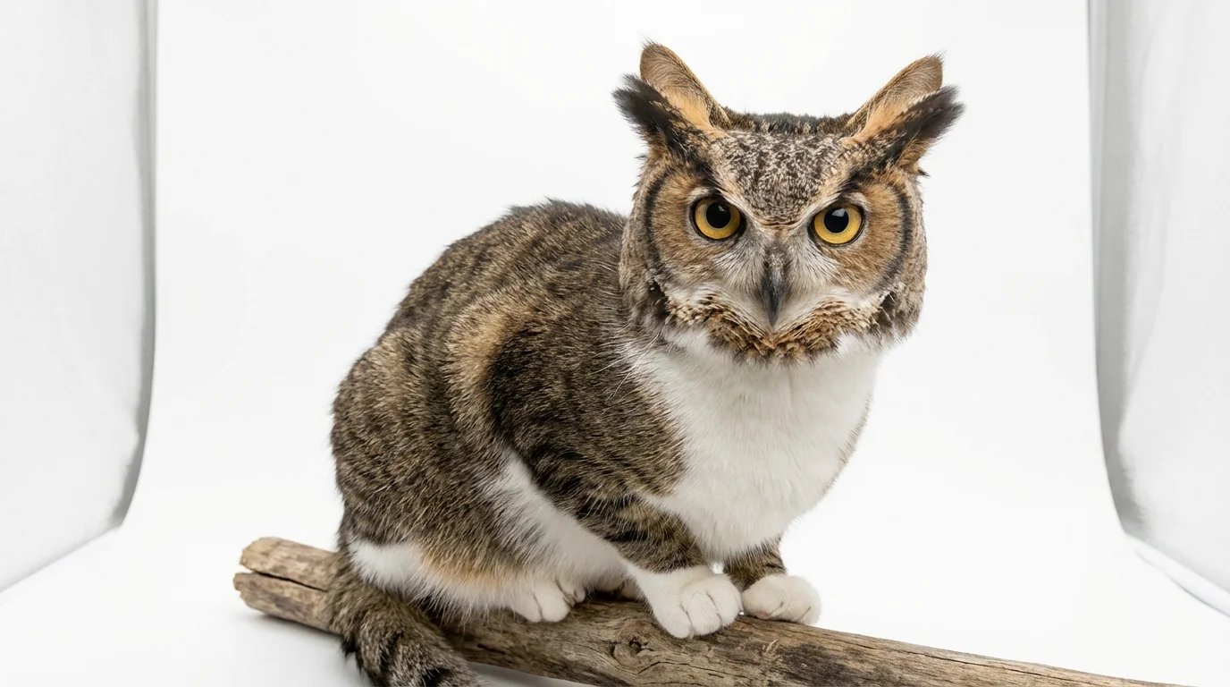 A photorealistic image of a mythical cat-owl hybrid creature. It has the furry body of a tabby cat and the large, round golden eyes and feathered face of an owl, set against a clean white background.