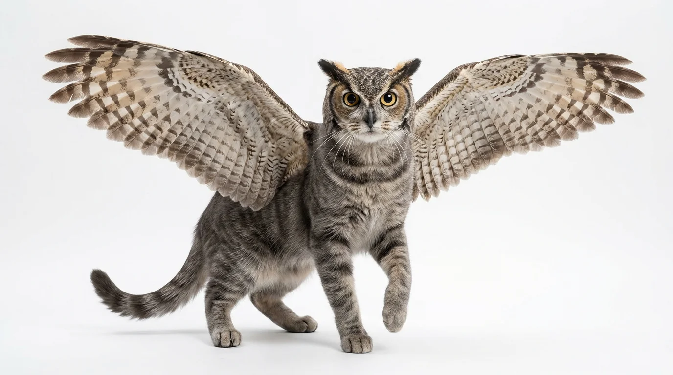 A photorealistic image of a cat-owl hybrid creature sitting against a stark white background. The creature has the grey, striped body of a cat and the large, brown feathered wings and golden eyes of an owl.