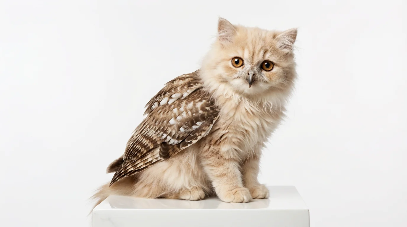 A photorealistic depiction of a cat-owl hybrid creature sitting on a solid white background. The creature has the body of a fluffy white kitten, the large amber eyes of an owl, and large feathered wings.