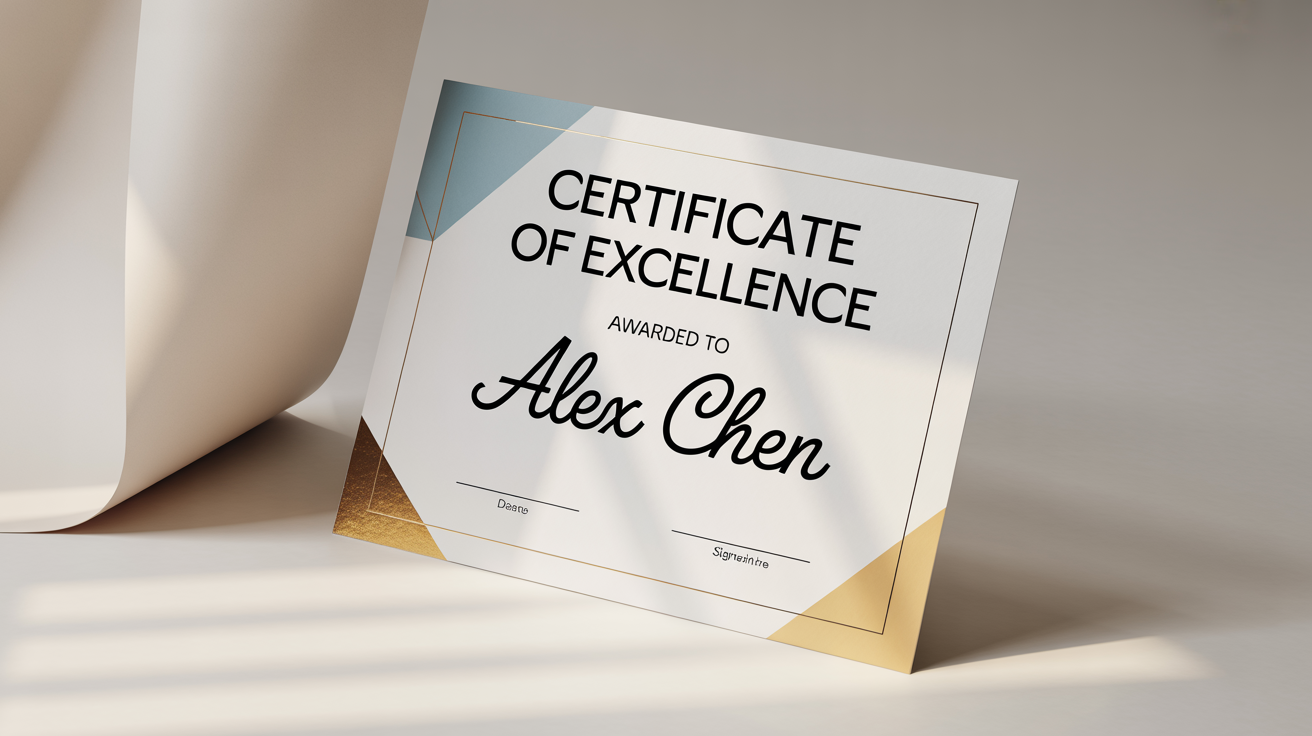 A professionally designed modern certificate of excellence for 'Alex Chen', displayed on a clean, minimalist background, featuring elegant typography and gold accents.