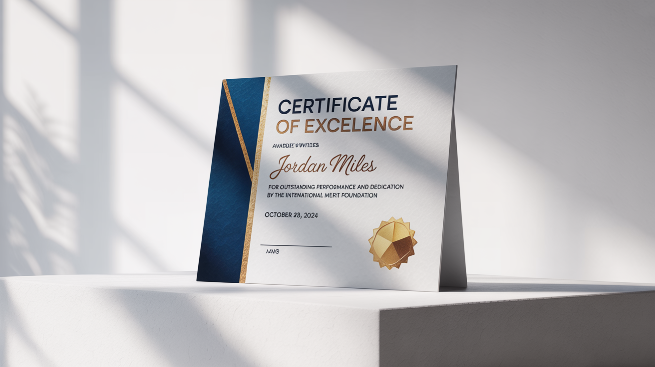 A modern certificate of excellence with a navy blue, white, and gold foil design, featuring elegant typography and a geometric seal, displayed on a clean white background.
