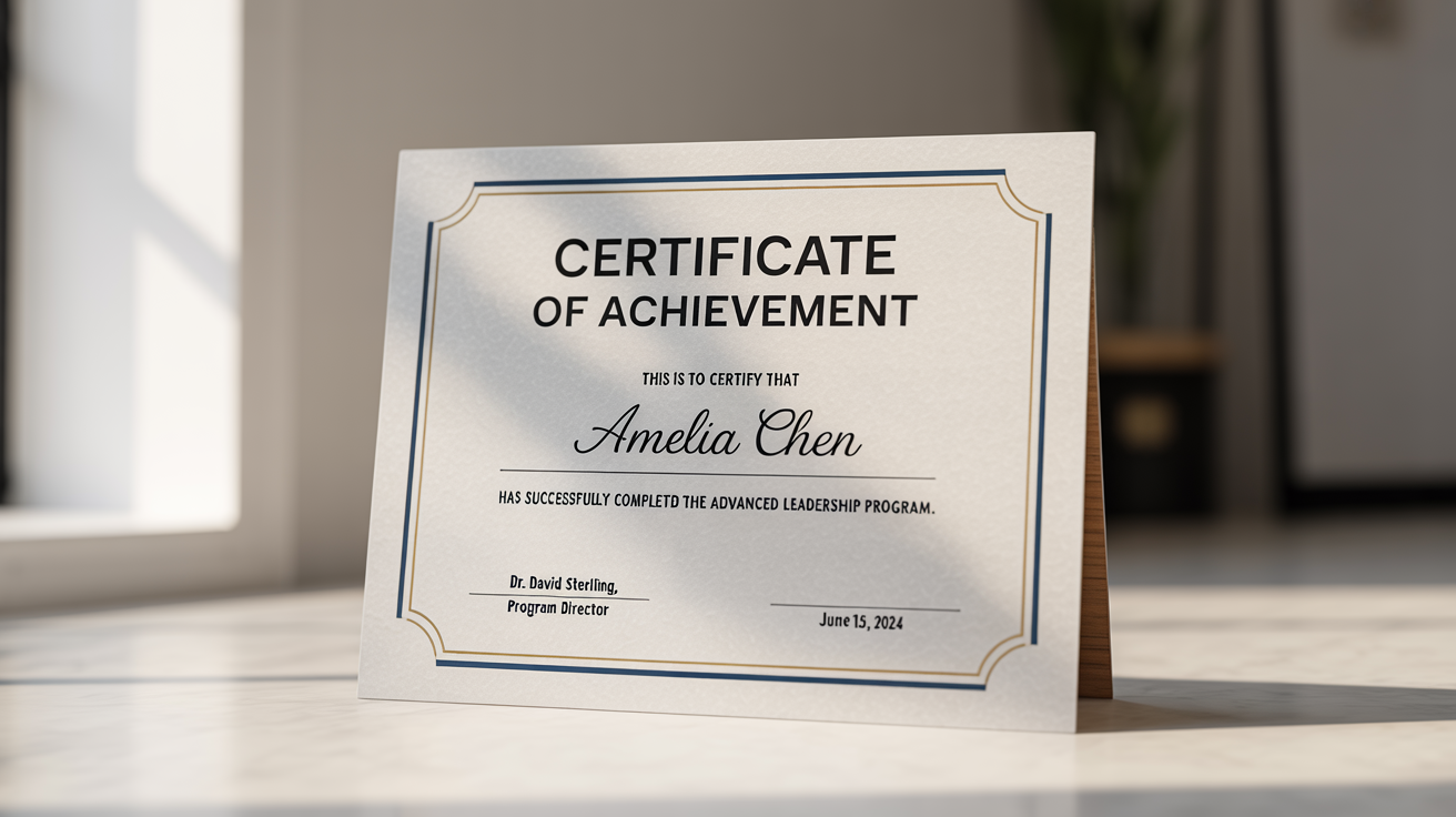 A modern certificate of achievement mockup with a navy blue and gold geometric design, displayed on a clean white background.