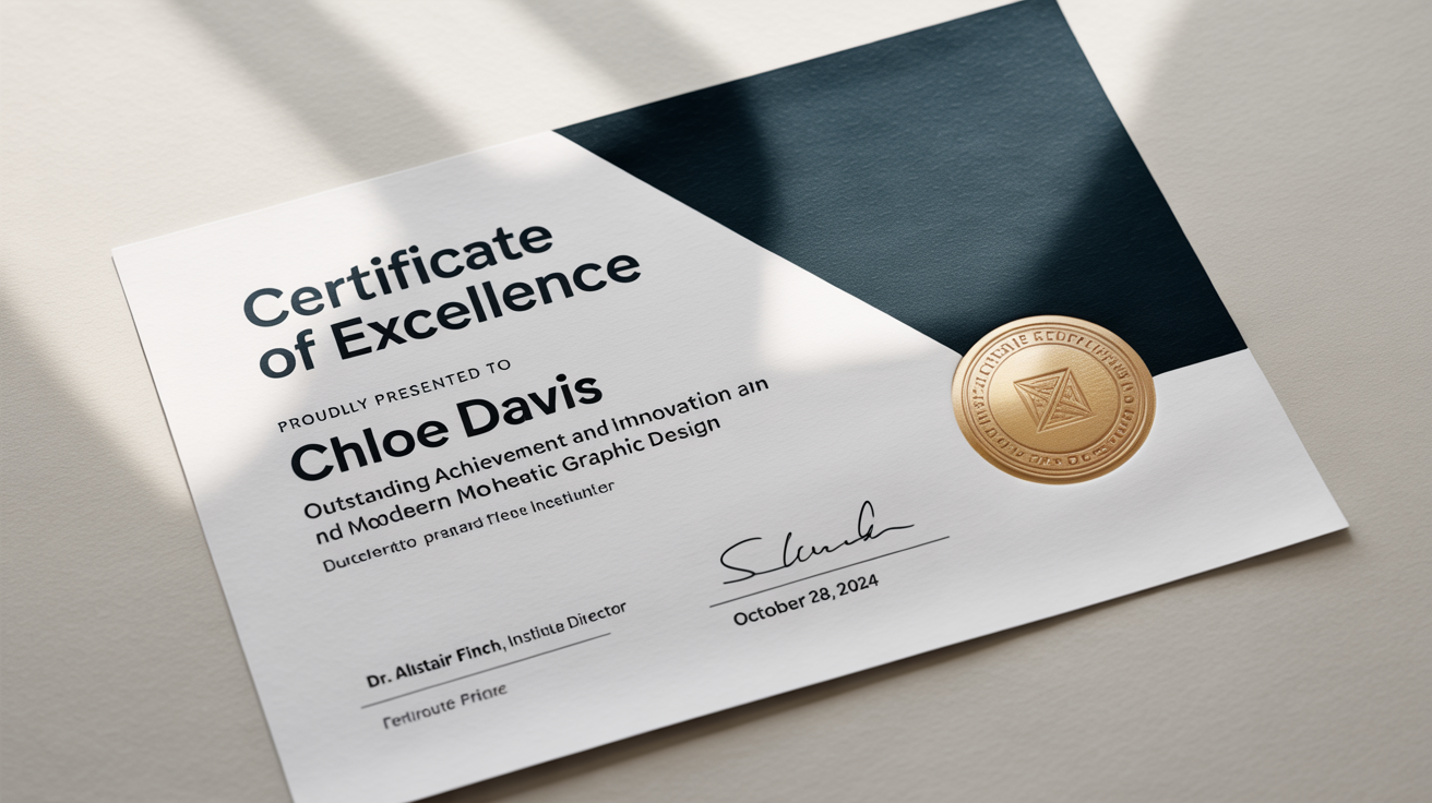 A modern certificate of excellence for graphic design, featuring a charcoal grey and gold foil geometric pattern, displayed on a clean white background.