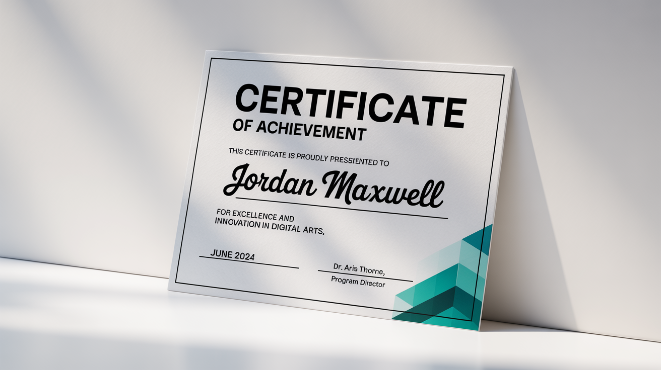 A modern certificate of achievement with a teal and gold geometric design, featuring the name 'Jordan Maxwell', displayed on a white background.