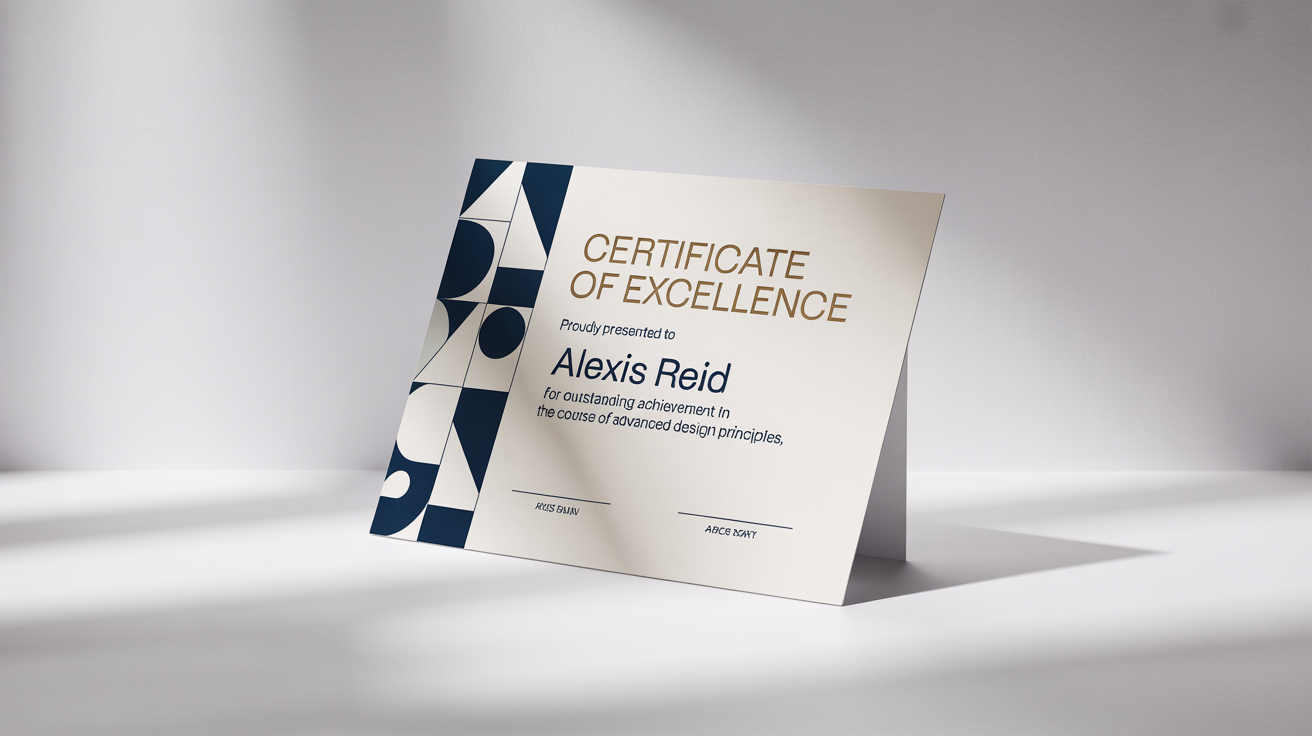 A modern certificate of excellence with a blue and gold geometric design, awarded for 'Advanced Design Principles', displayed on a white background.