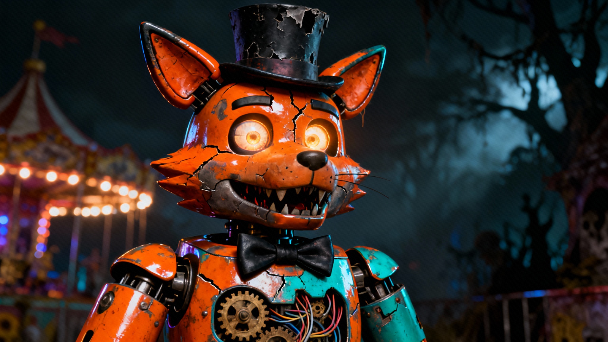 A final, polished render of a custom-generated FNAF animatronic character. It is a fox with orange and teal metallic plating, glowing eyes, a top hat, and a bowtie, standing in a dark, haunted carnival setting.