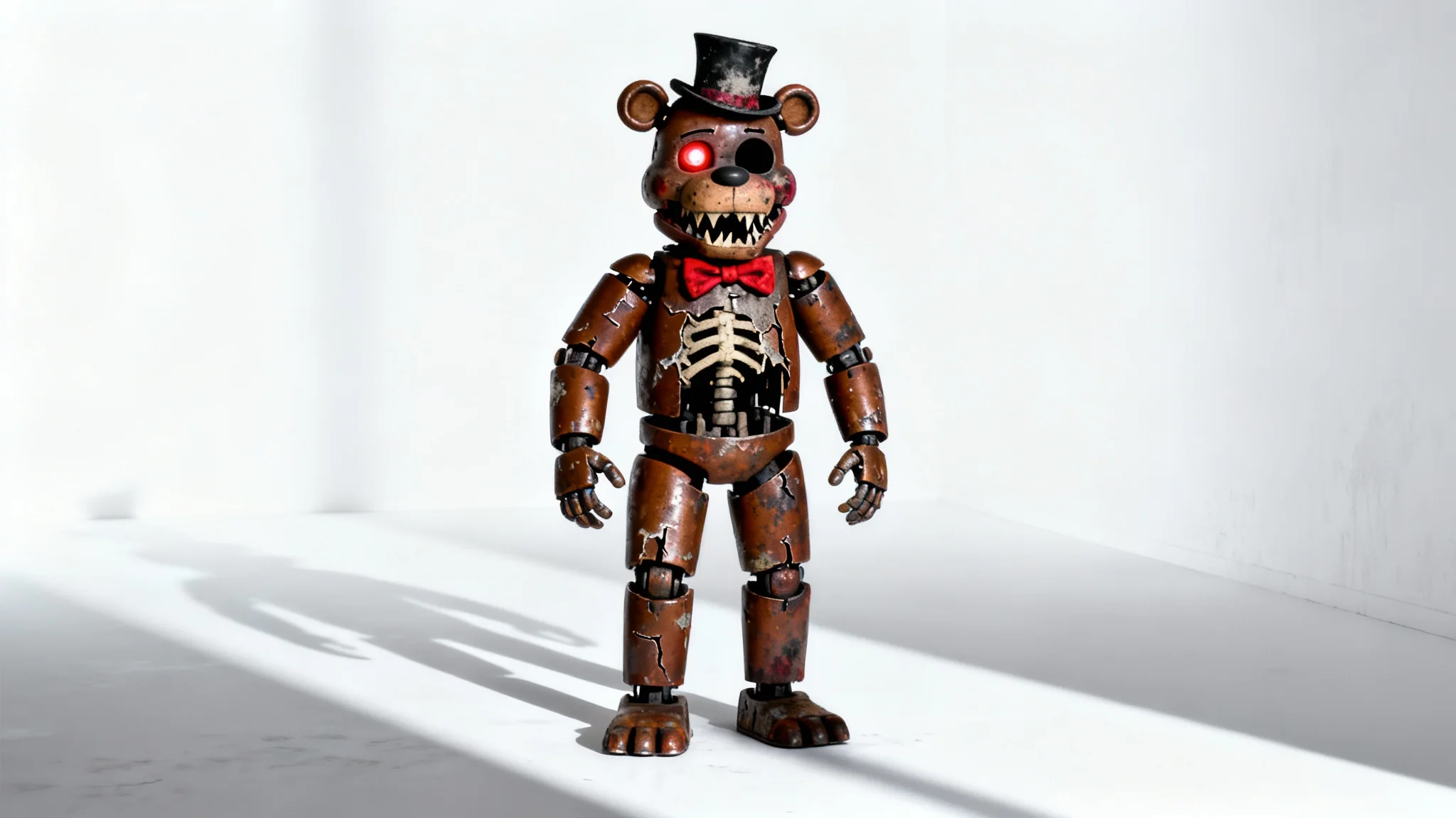 A photorealistic mockup of a terrifying, full-sized animatronic bear inspired by the Five Nights at Freddy's series, shown standing against a clean white background, creating a sense of horror and suspense.