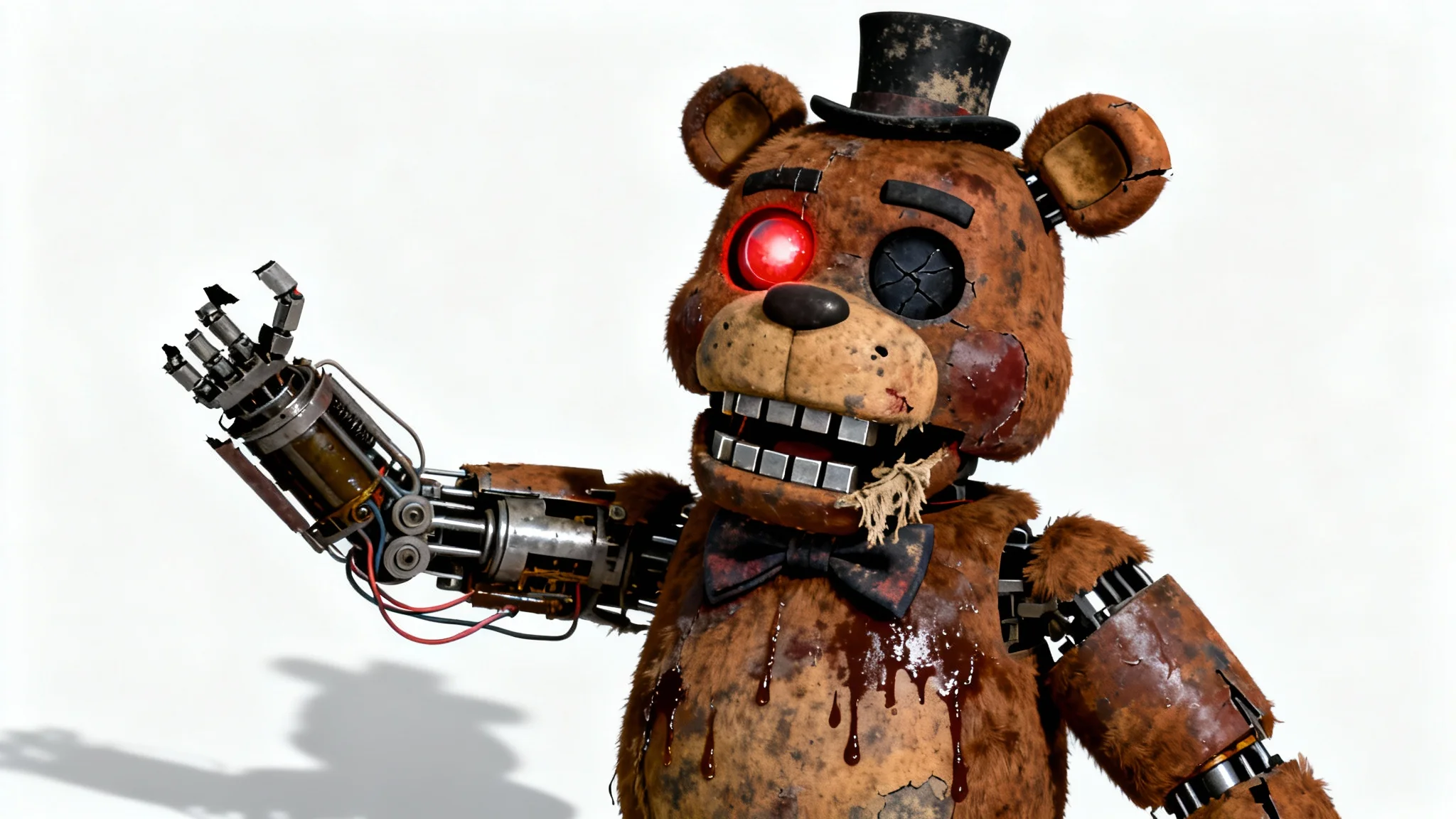 A hyper-realistic, creepy animatronic bear with a top hat and a single glowing red eye, shown with worn and torn fur, isolated against a plain white background.