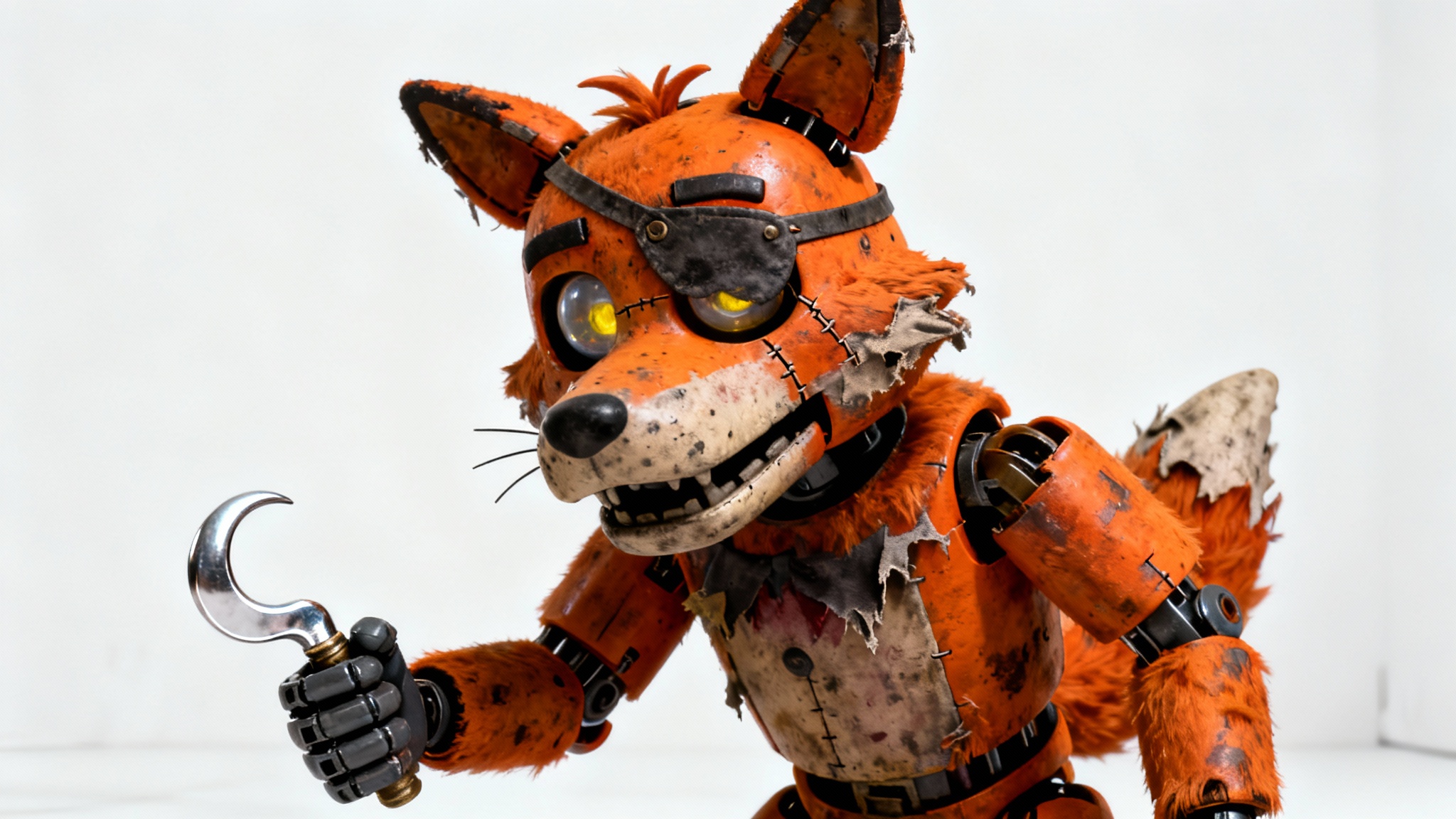 A photorealistic mockup of a creepy animatronic fox character inspired by Five Nights at Freddy's, featuring an eyepatch and a hook hand, standing against a plain white background.