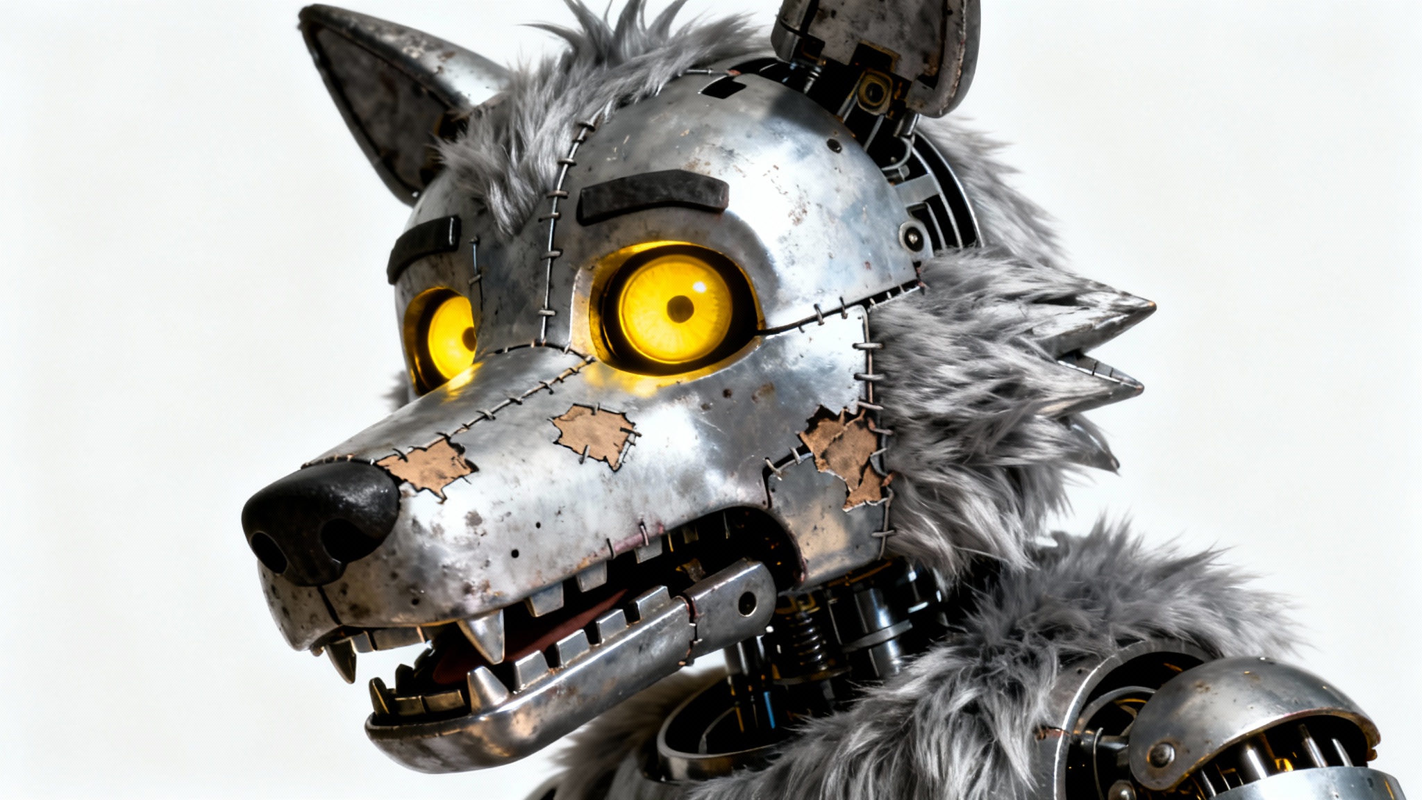 A scary, realistic animatronic wolf in the style of FNAF, featuring worn silver fur, glowing yellow eyes, and exposed mechanical parts, set against a stark white background.