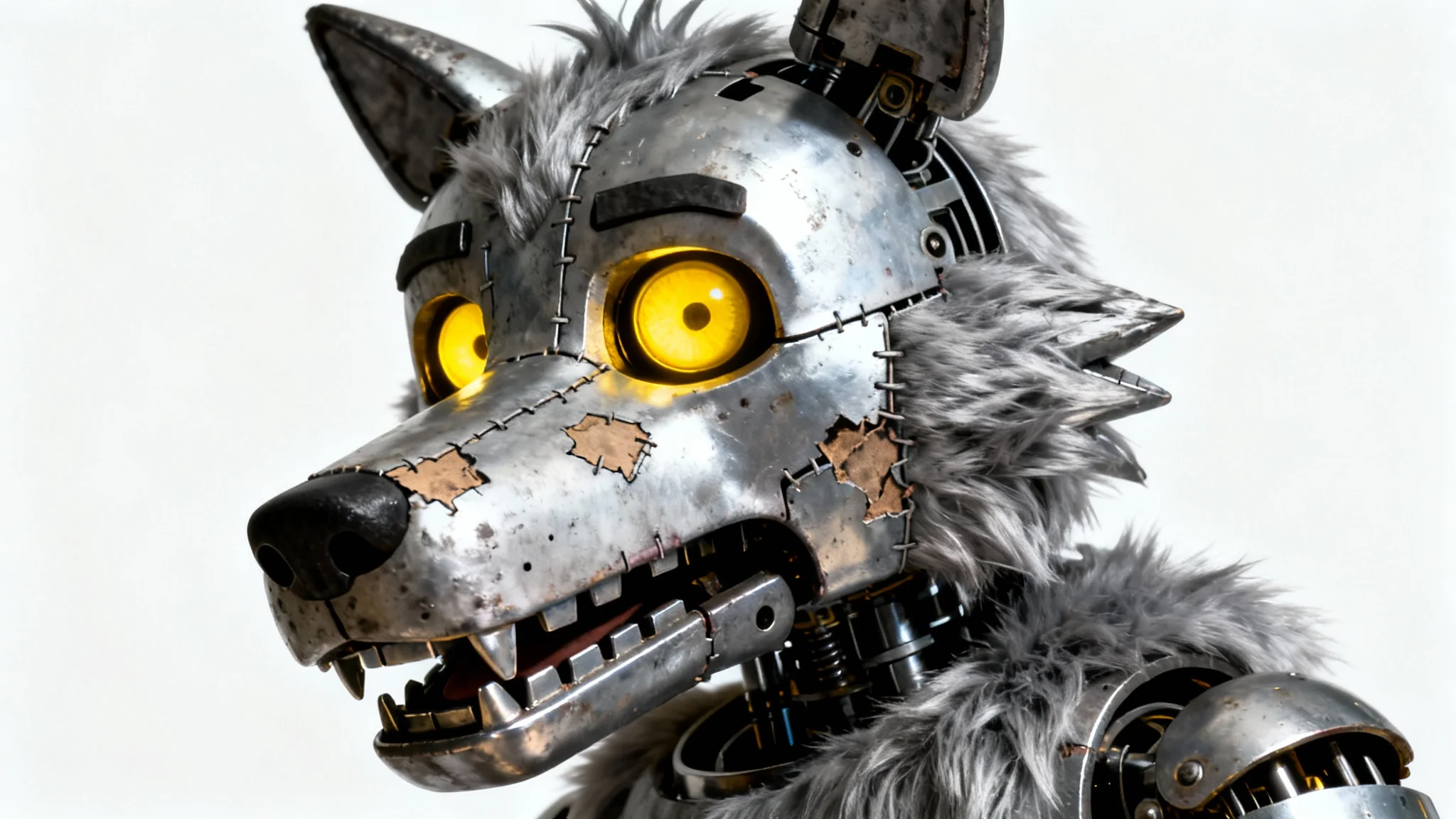 A scary, realistic animatronic wolf in the style of FNAF, featuring worn silver fur, glowing yellow eyes, and exposed mechanical parts, set against a stark white background.